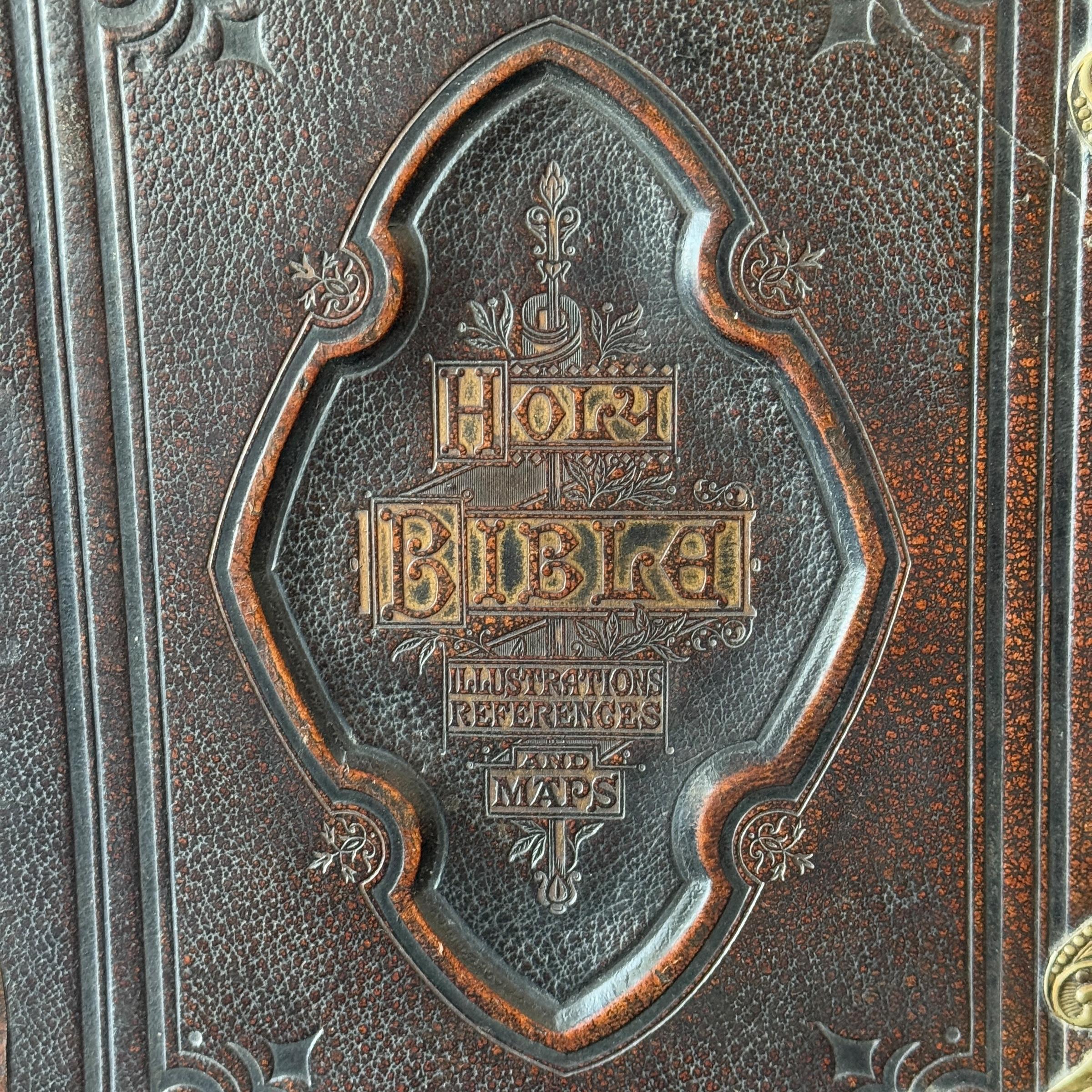 Large 19th Century Antique Family bible with brass latches and corner protectors. 
