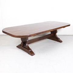 Large 19th Century Antique French Chestnut Trestle Table with Rounded Edges