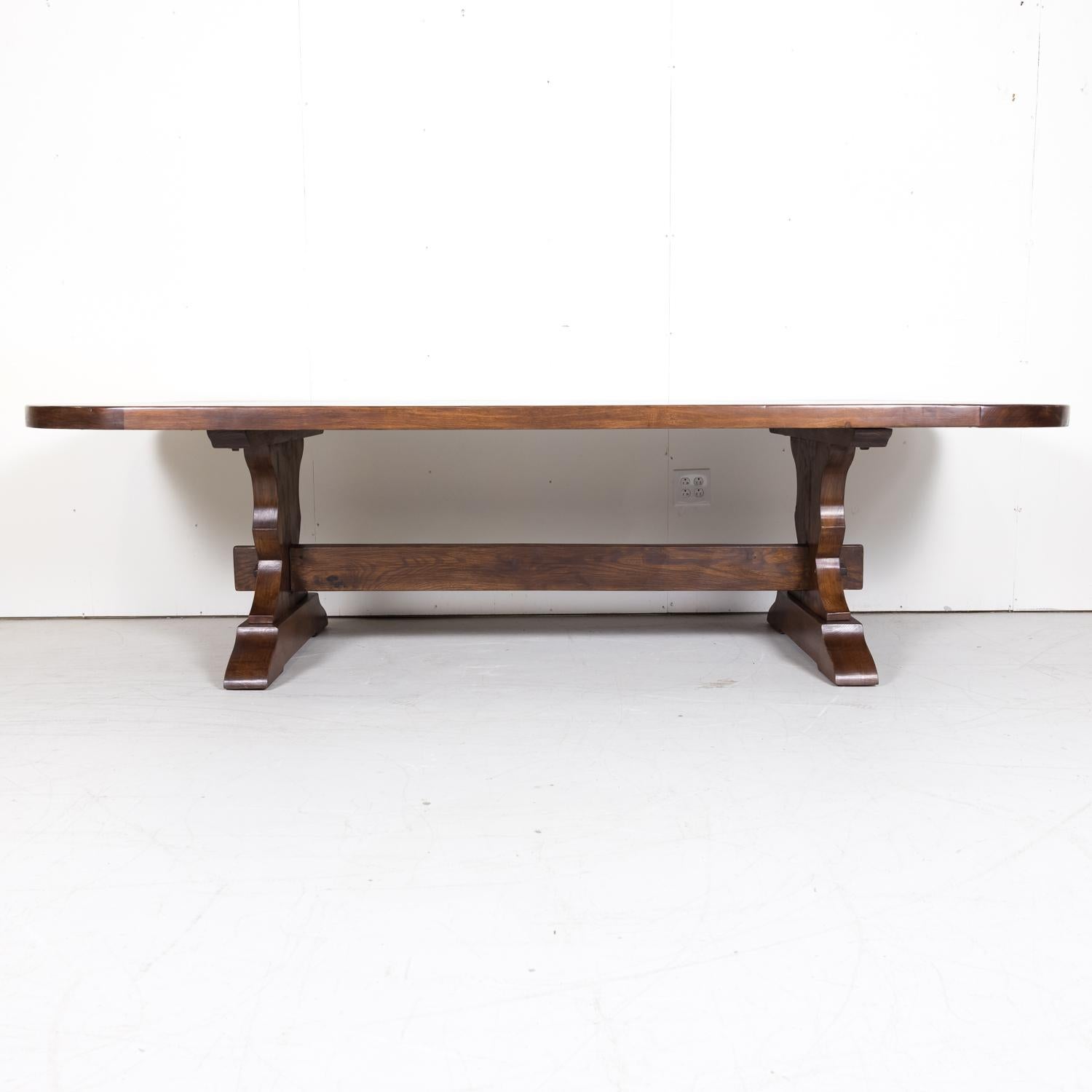Large 19th Century Antique French Chestnut Trestle Table with Rounded Edges 1
