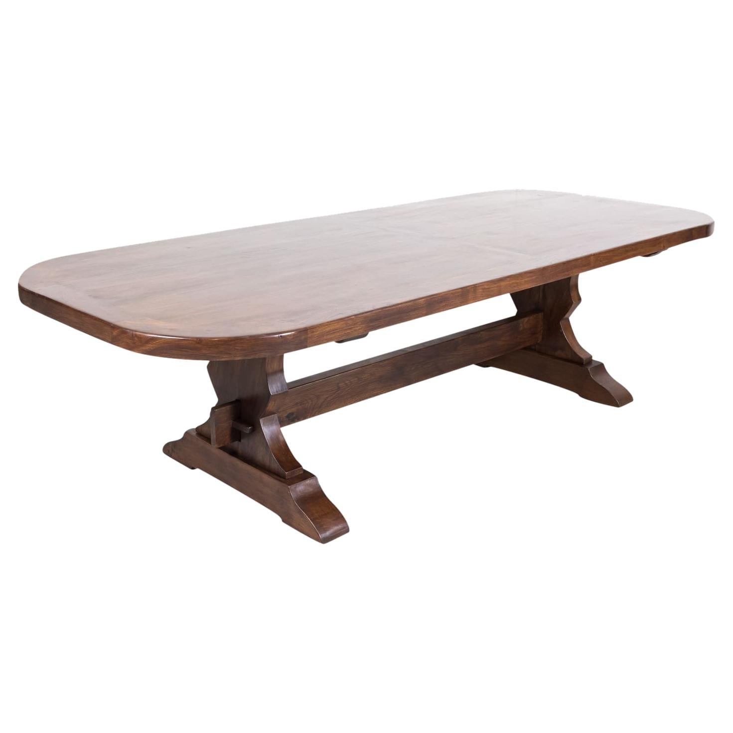 Large 19th Century Antique French Chestnut Trestle Table with Rounded Edges
