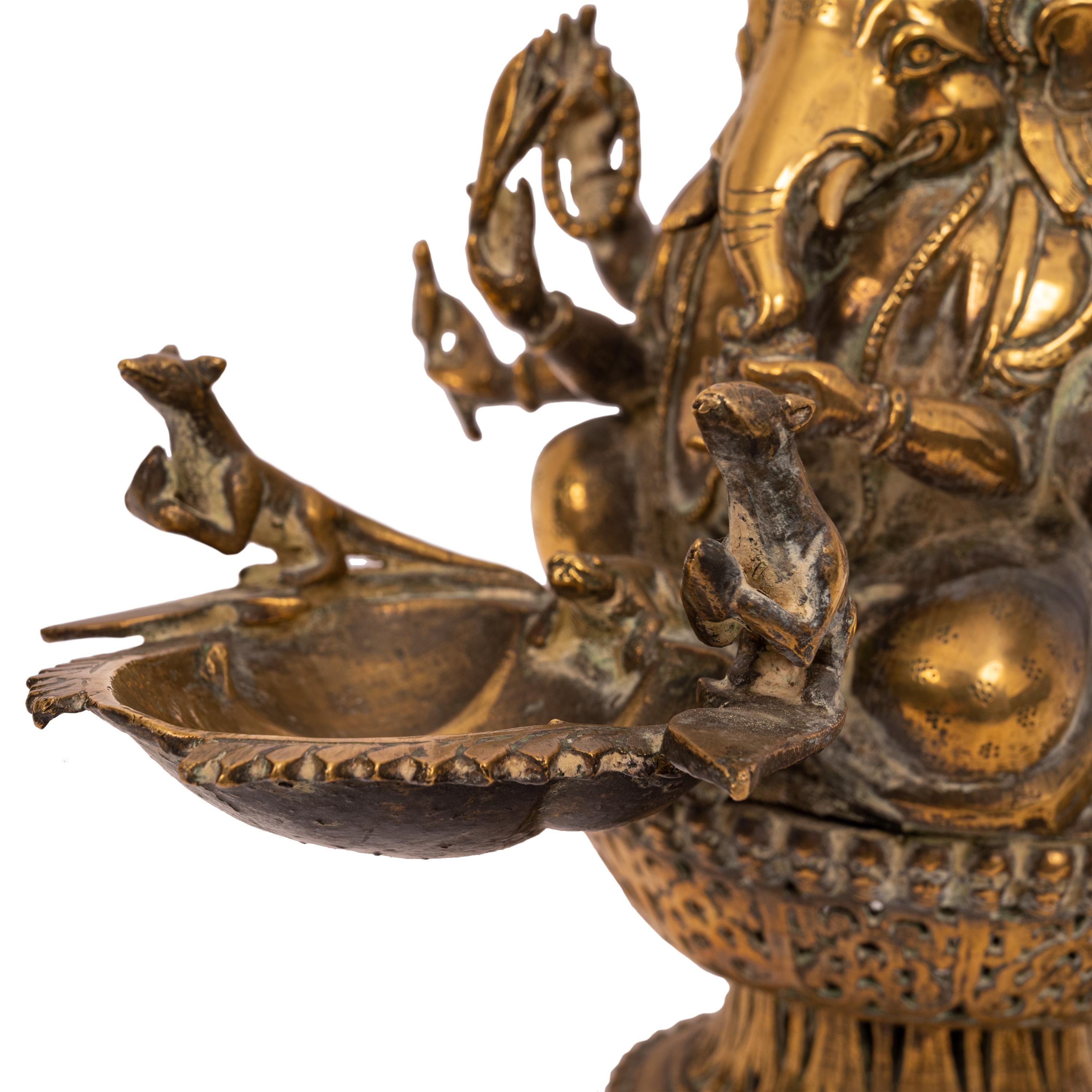 Large 19th Century Antique Indian Hindu Ganesha Figural Votive Brass Oil Lamp For Sale 5