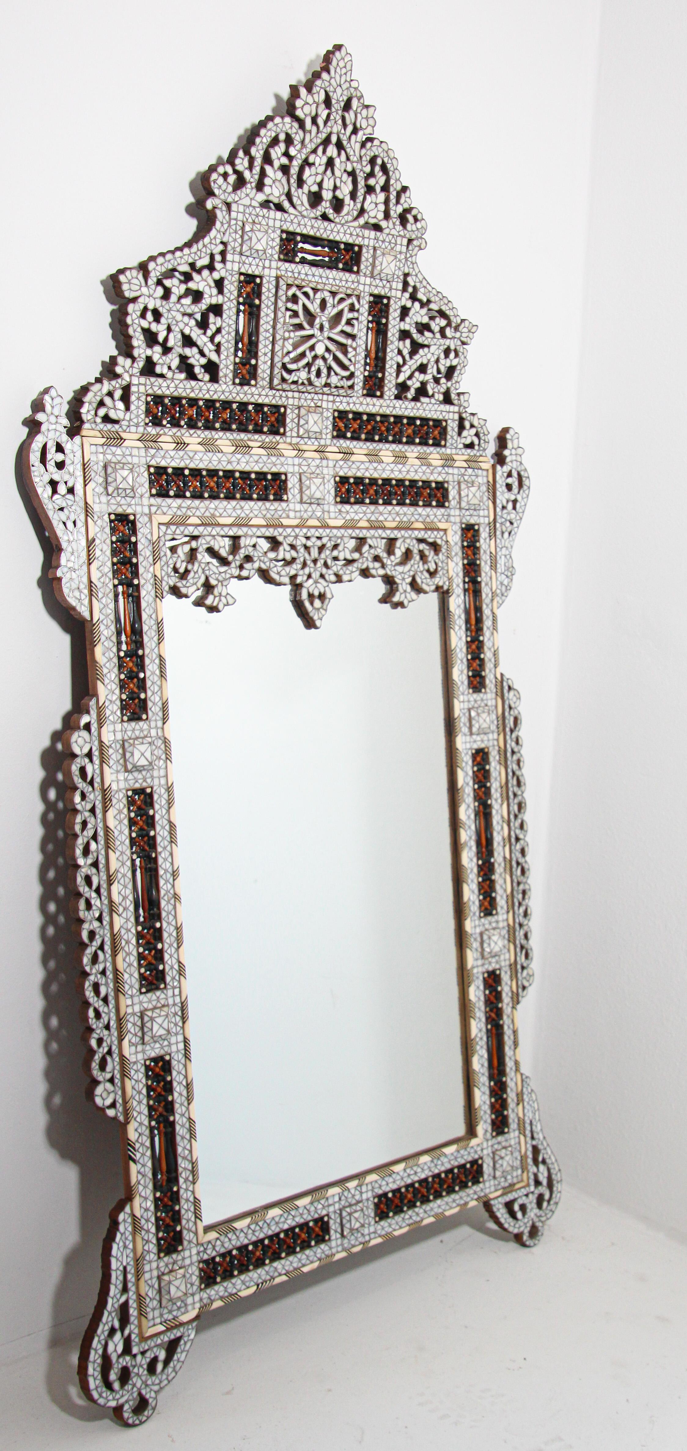 White Mother of Pearl Inlaid Antique Middle Eastern Damascene Syrian Mirror 66