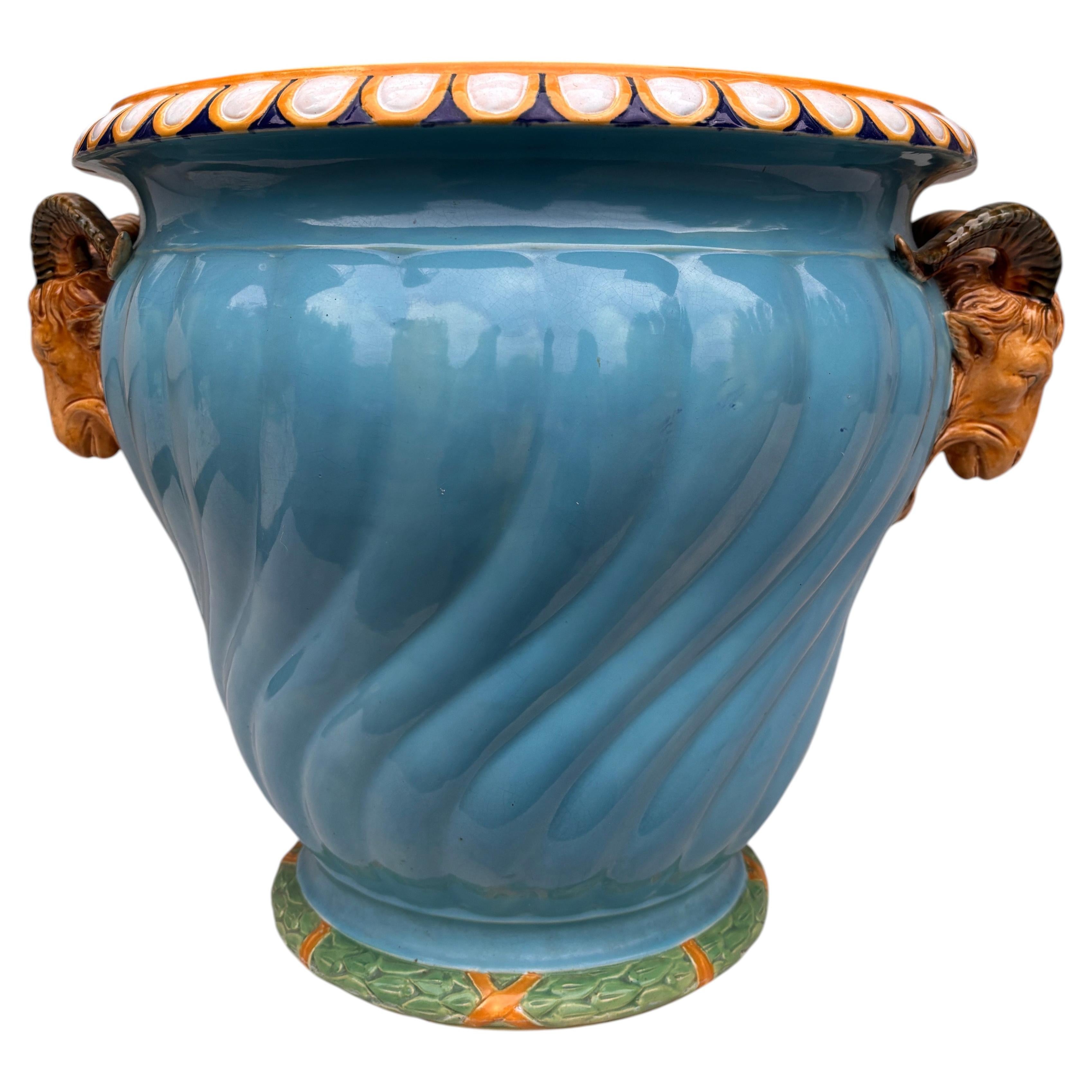 Large 19th Century Aqua Majolica Jardiniere Minton