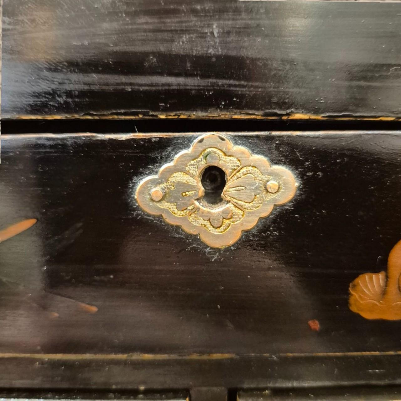 Large 19th-Century Asian Jewelry Chest – Black Lacquer & Sculpted Hardware For Sale 2