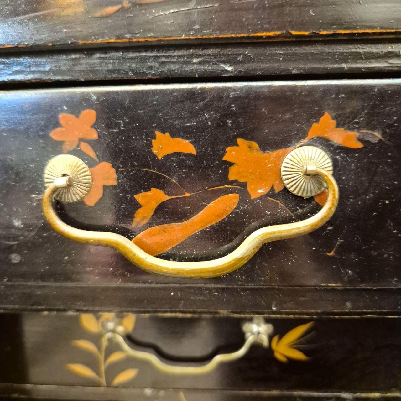 Large 19th-Century Asian Jewelry Chest – Black Lacquer & Sculpted Hardware For Sale 4