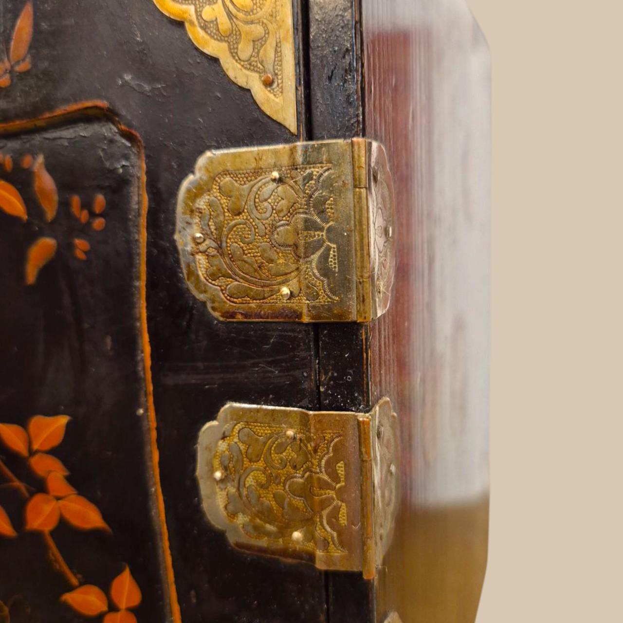 Large 19th-Century Asian Jewelry Chest – Black Lacquer & Sculpted Hardware For Sale 5