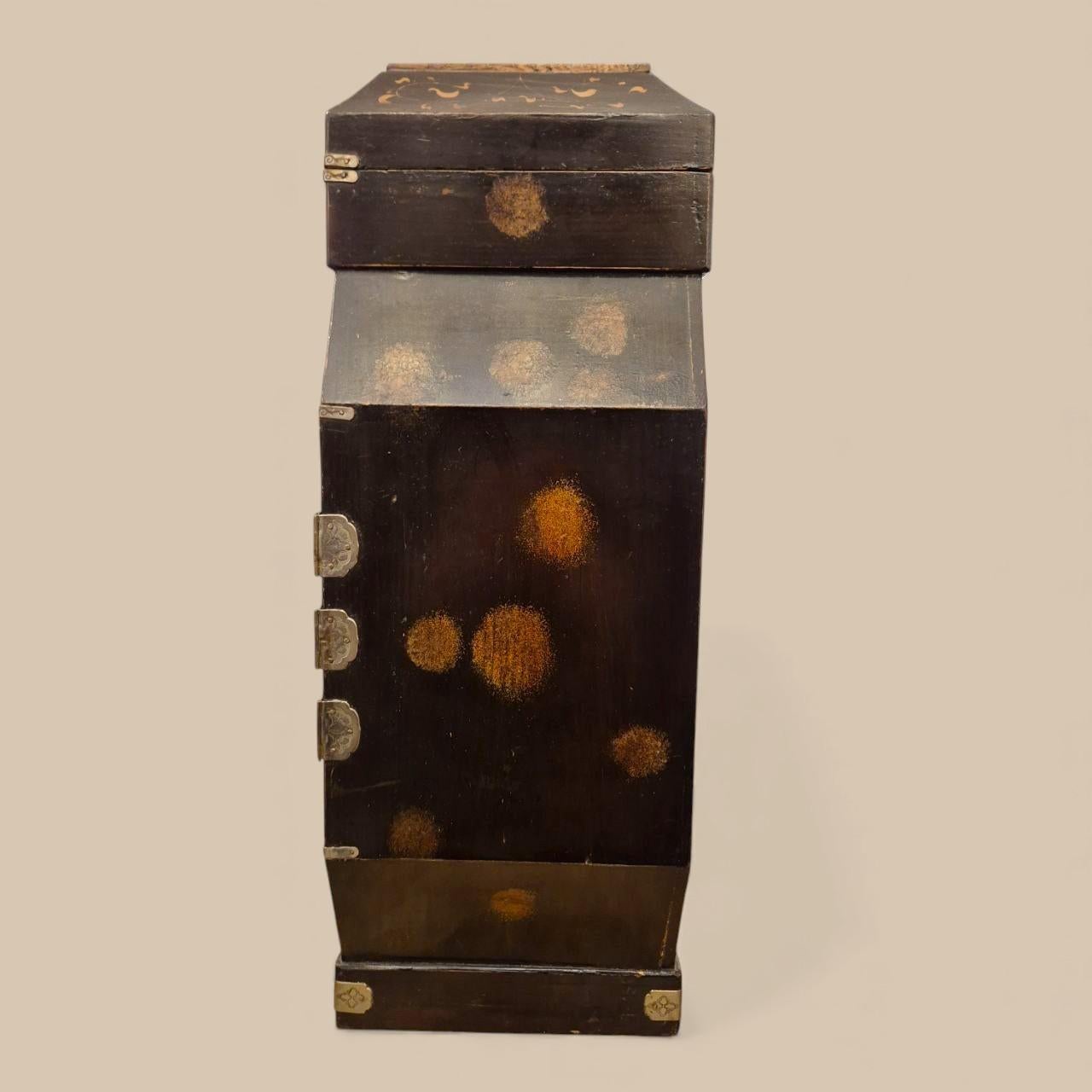 Large 19th-Century Asian Jewelry Chest – Black Lacquer & Sculpted Hardware For Sale 7