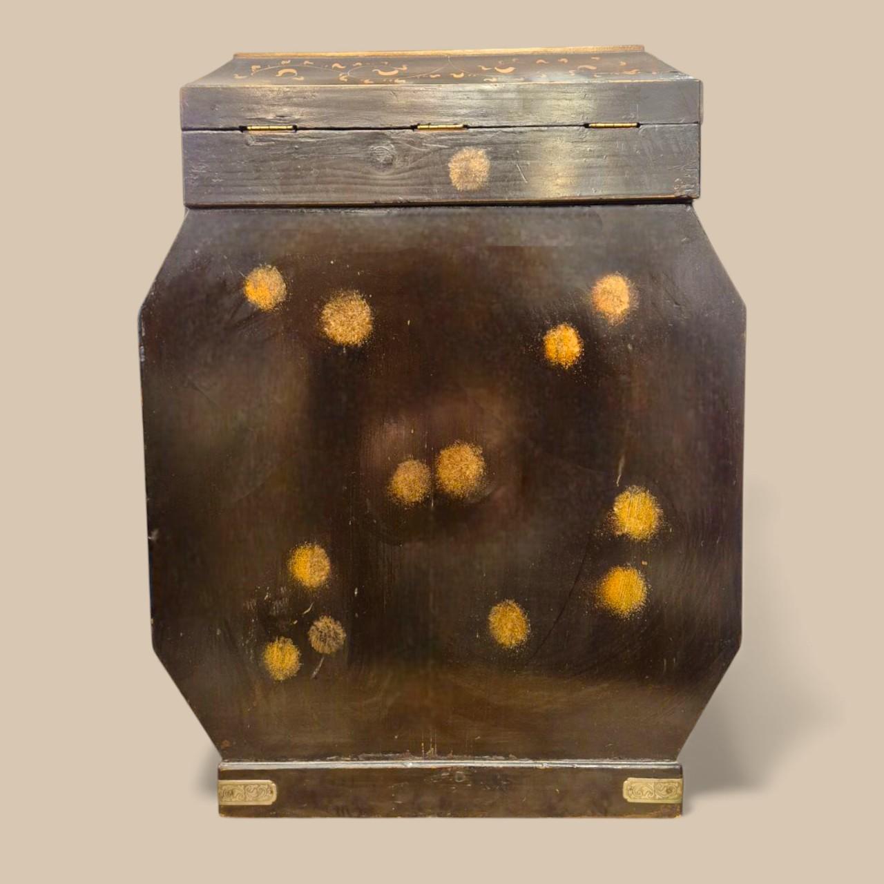 Large 19th-Century Asian Jewelry Chest – Black Lacquer & Sculpted Hardware For Sale 8