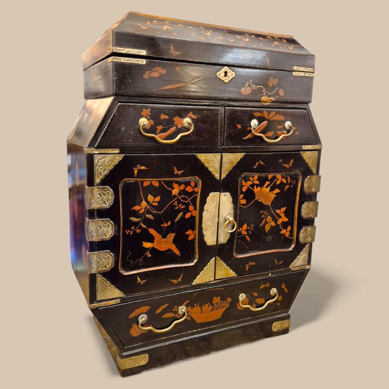 Napoleon III Large 19th-Century Asian Jewelry Chest – Black Lacquer & Sculpted Hardware For Sale