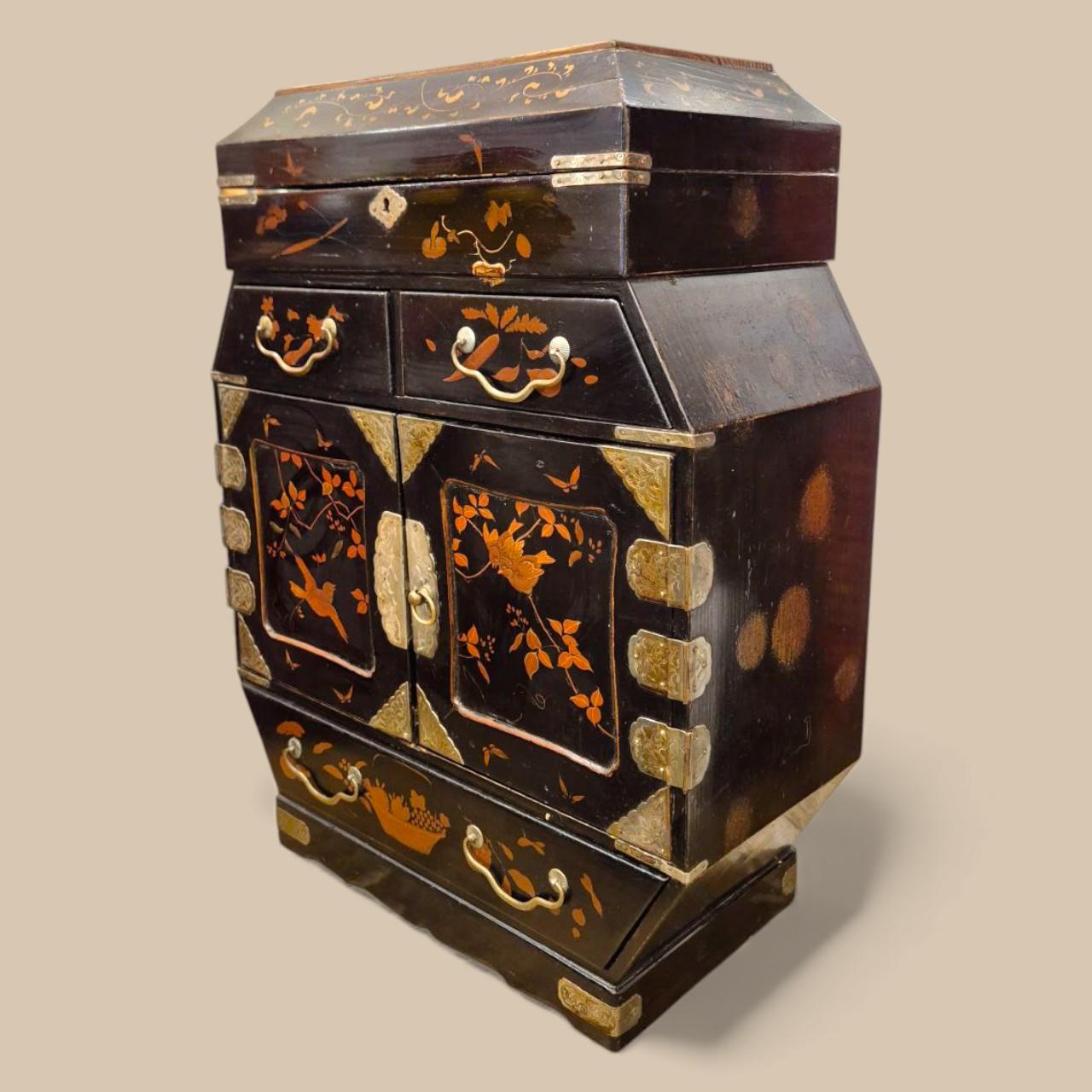 Chinese Large 19th-Century Asian Jewelry Chest – Black Lacquer & Sculpted Hardware For Sale
