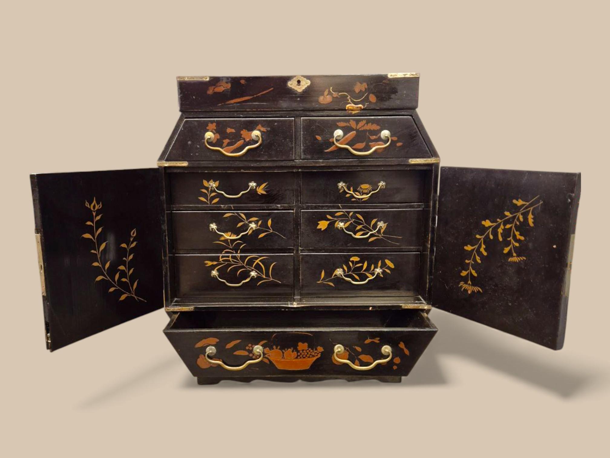 Hand-Crafted Large 19th-Century Asian Jewelry Chest – Black Lacquer & Sculpted Hardware For Sale