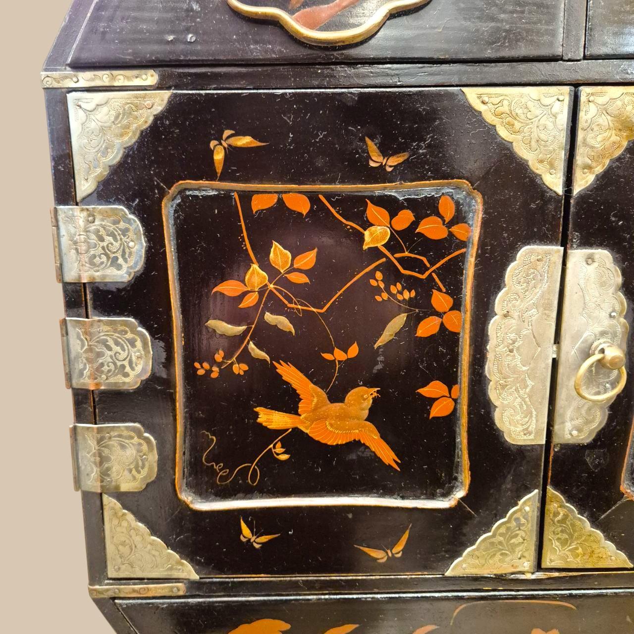 Late 19th Century Large 19th-Century Asian Jewelry Chest – Black Lacquer & Sculpted Hardware For Sale