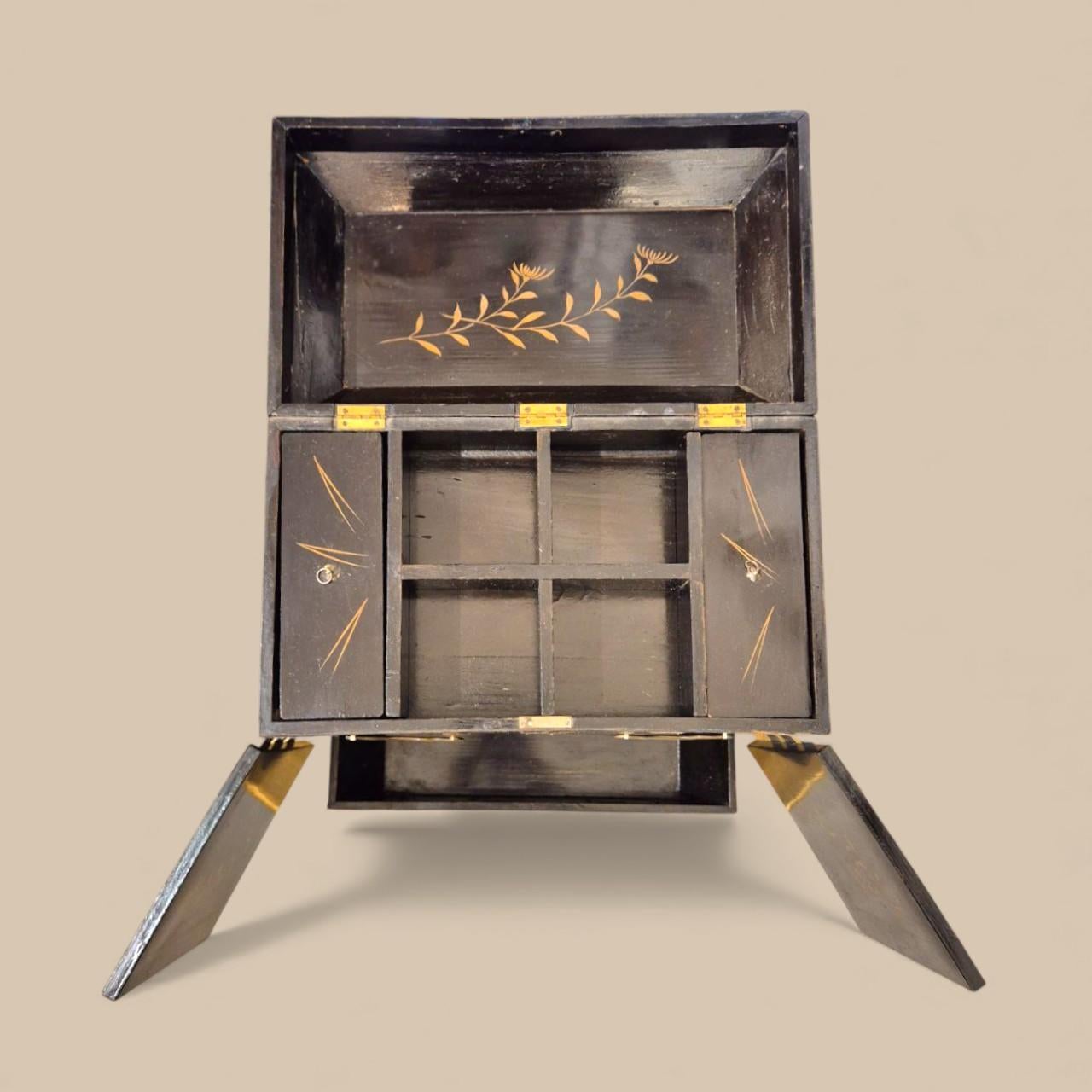 Metal Large 19th-Century Asian Jewelry Chest – Black Lacquer & Sculpted Hardware For Sale