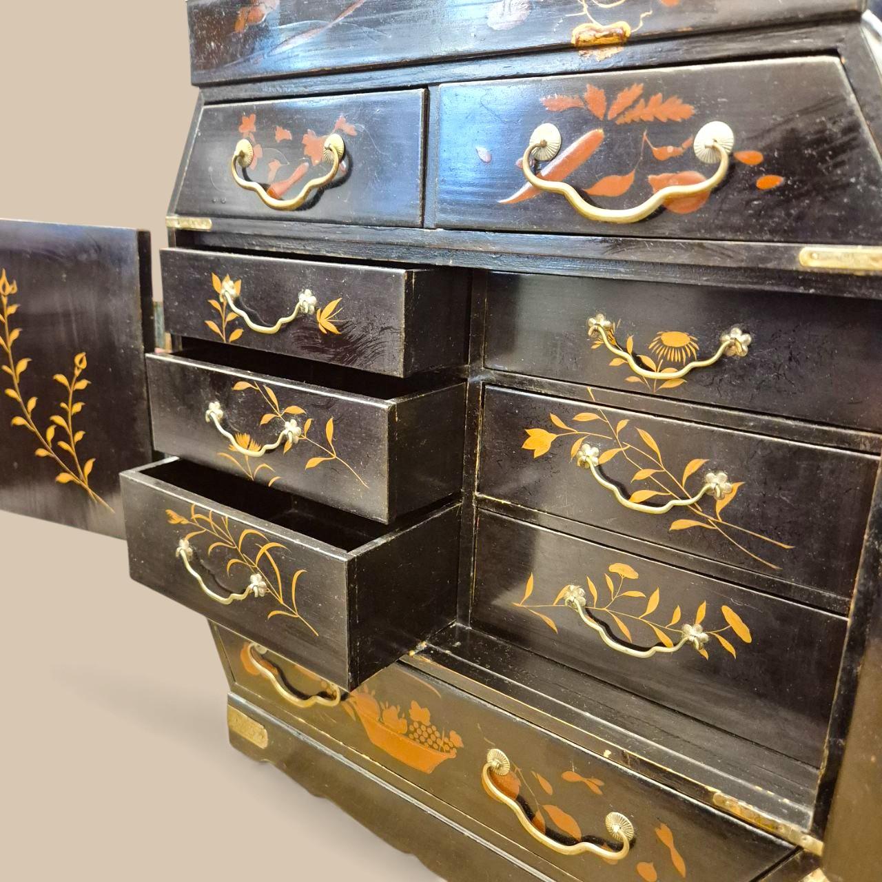 Large 19th-Century Asian Jewelry Chest – Black Lacquer & Sculpted Hardware For Sale 1