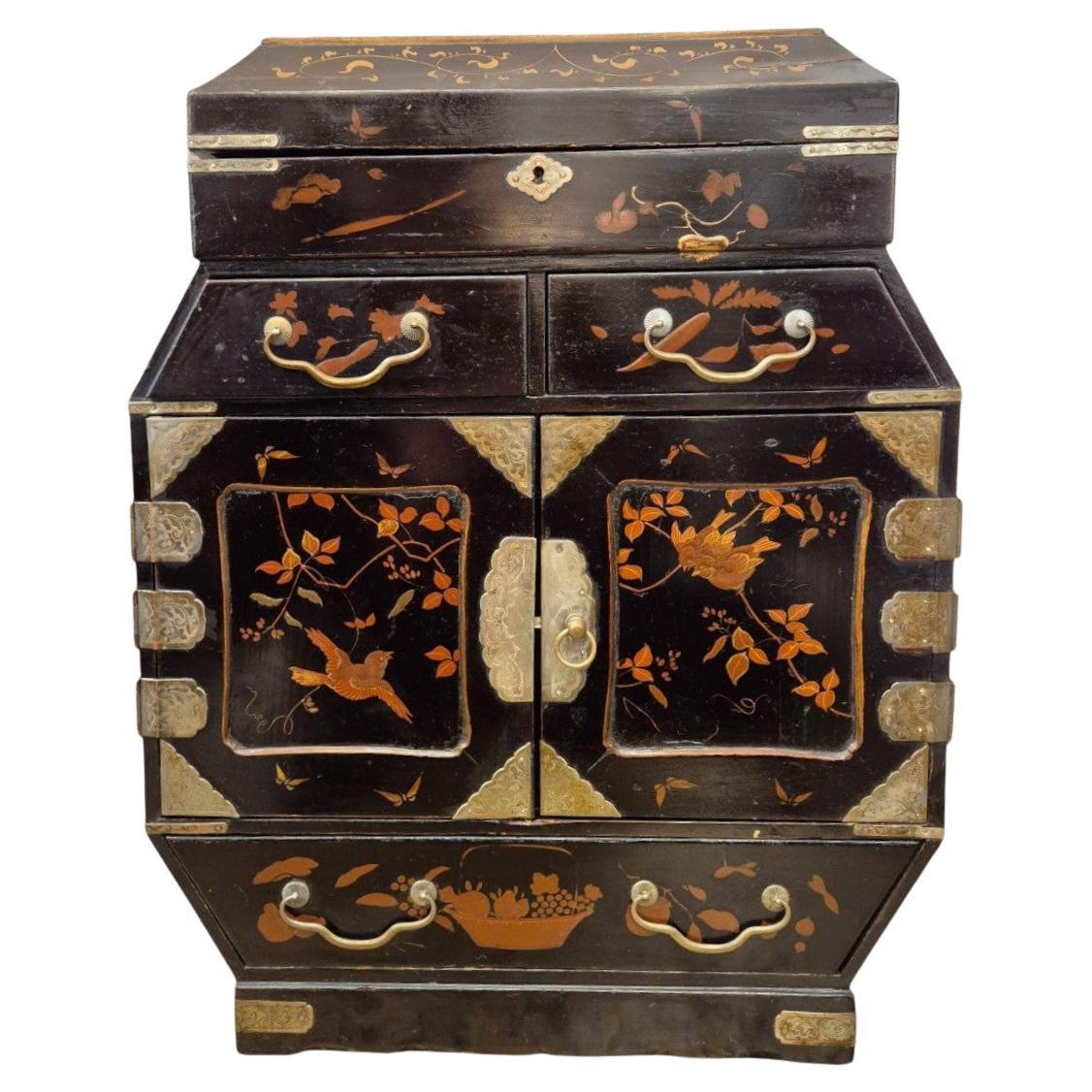 Large 19th-Century Asian Jewelry Chest – Black Lacquer
Sculpted Hardware
