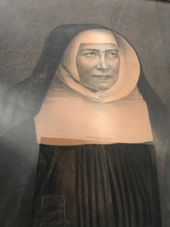Large 19th Century Belgian Charcoal Drawing of a Seated Nun