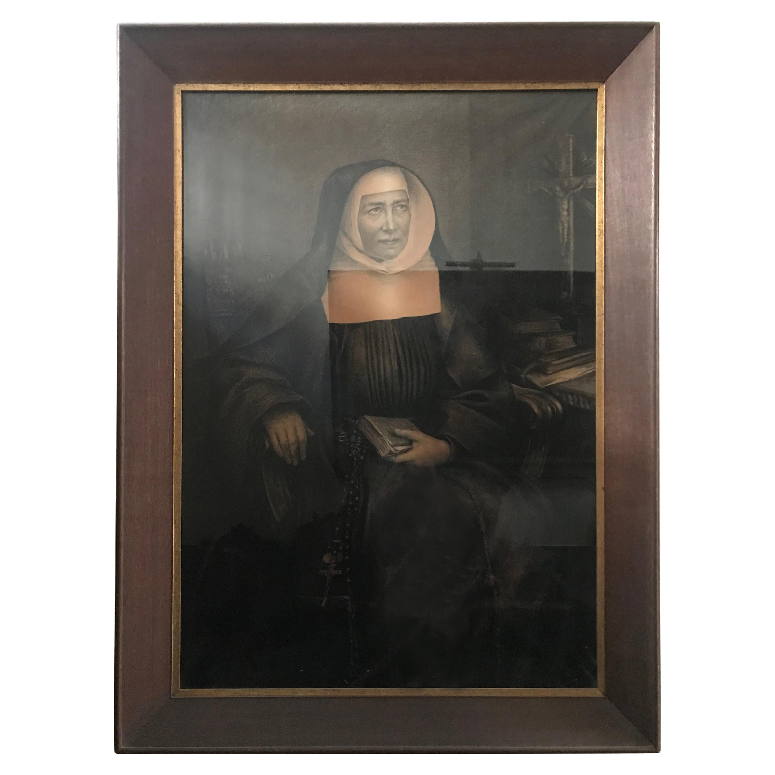 Large 19th Century Belgian Charcoal Drawing of a Seated Nun For Sale