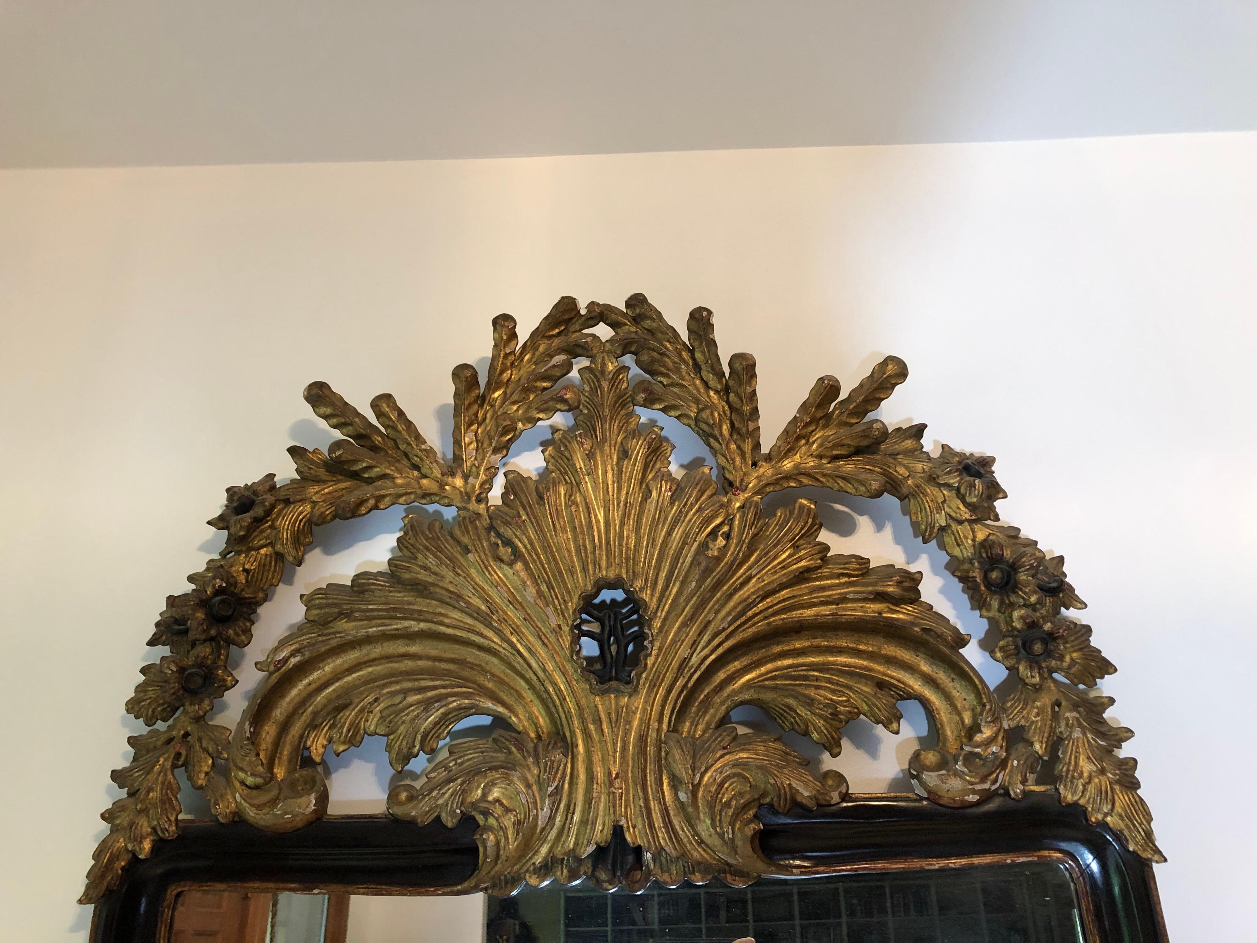 A highly decorated 19th century Belle Èpoque gilt mirror with curved ebonized frame. Pediment decorated in wreath florets and scrolls. Mirror and backing have been restored.