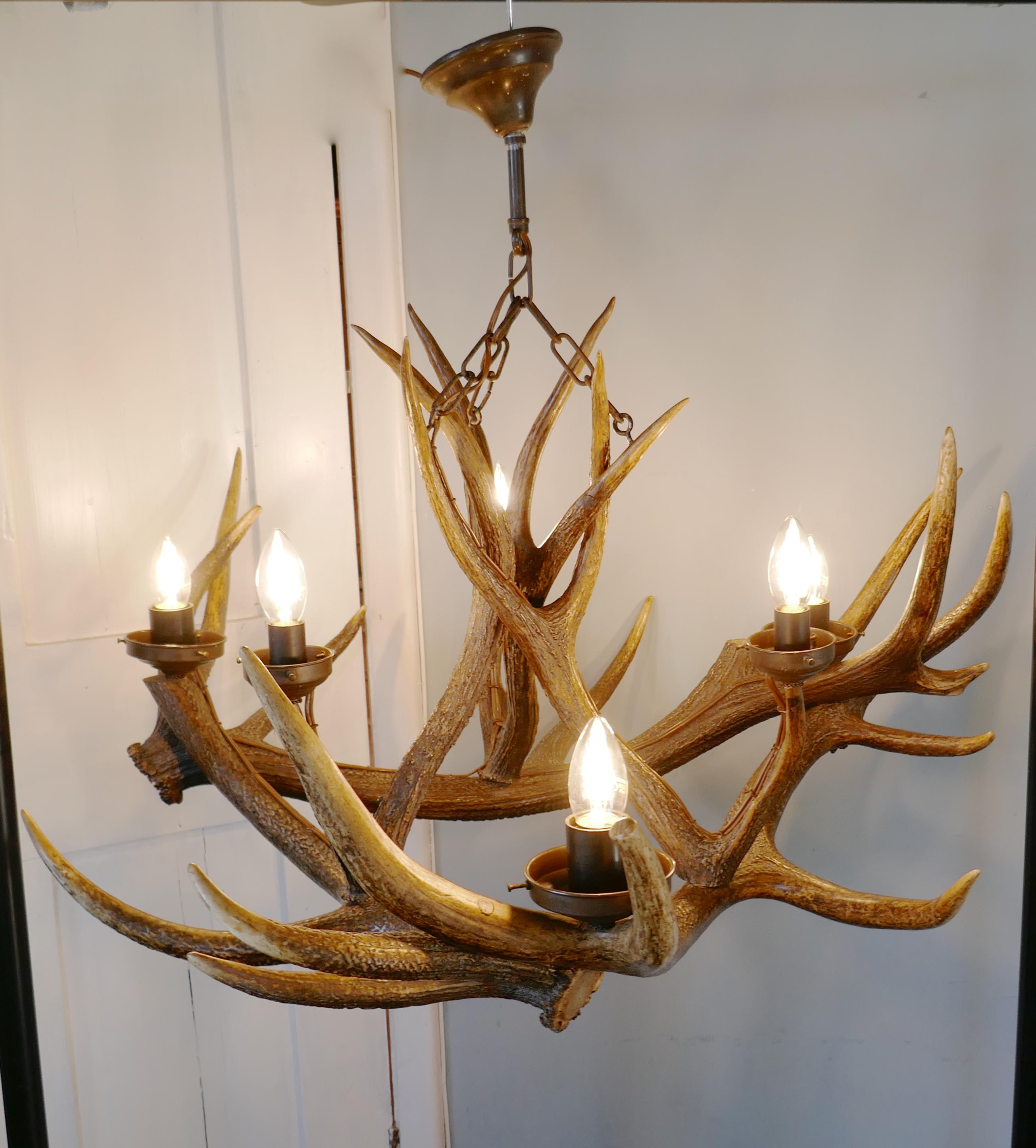 Large 19th Century Black Forrest Stag Antler Hanging Chandelier Hunting Lodge In Good Condition In Chillerton, Isle of Wight