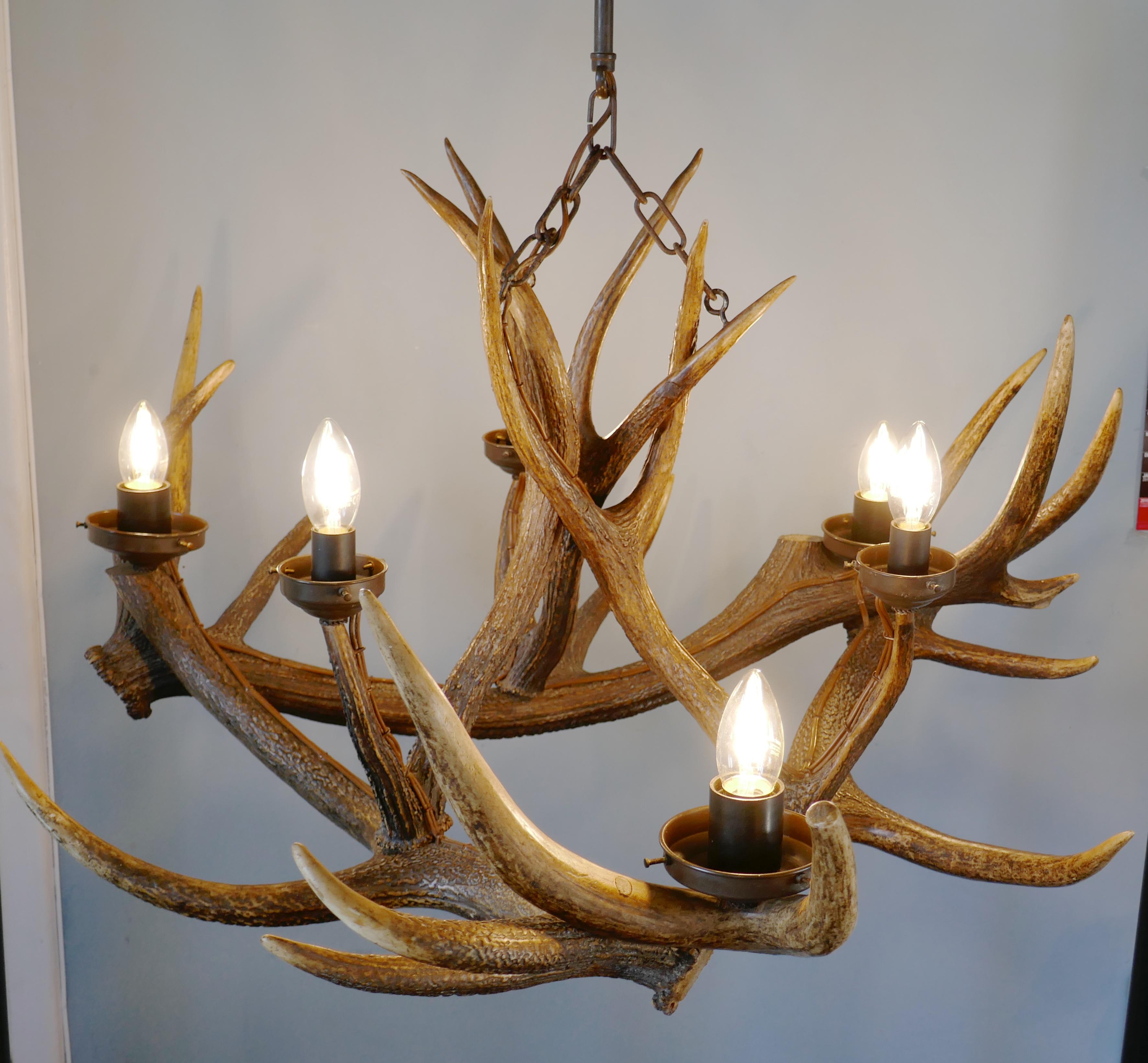 Late 19th Century Large 19th Century Black Forrest Stag Antler Hanging Chandelier Hunting Lodge