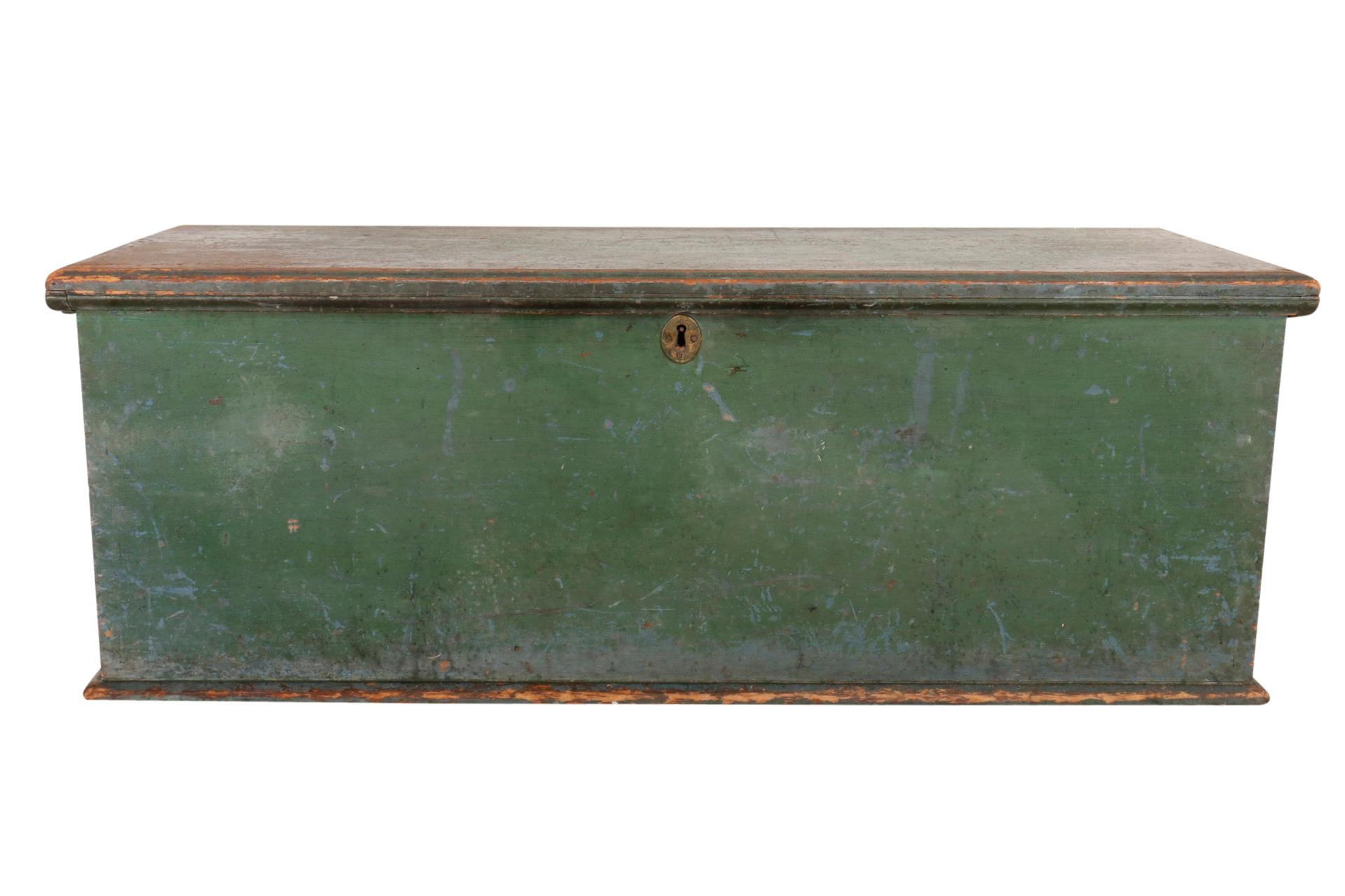 An unusually large green painted blanket box. 19th century with original green paint lovely surface.