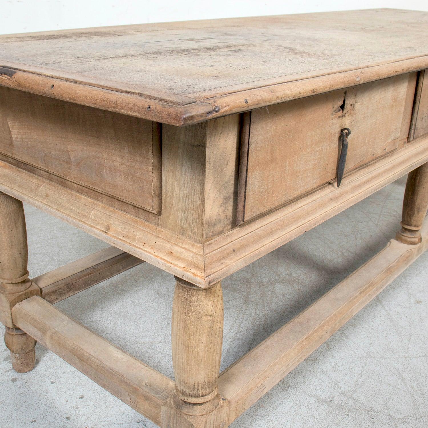 Large 19th Century Bleached Oak Spanish Island or Work Table with Three Drawers 7