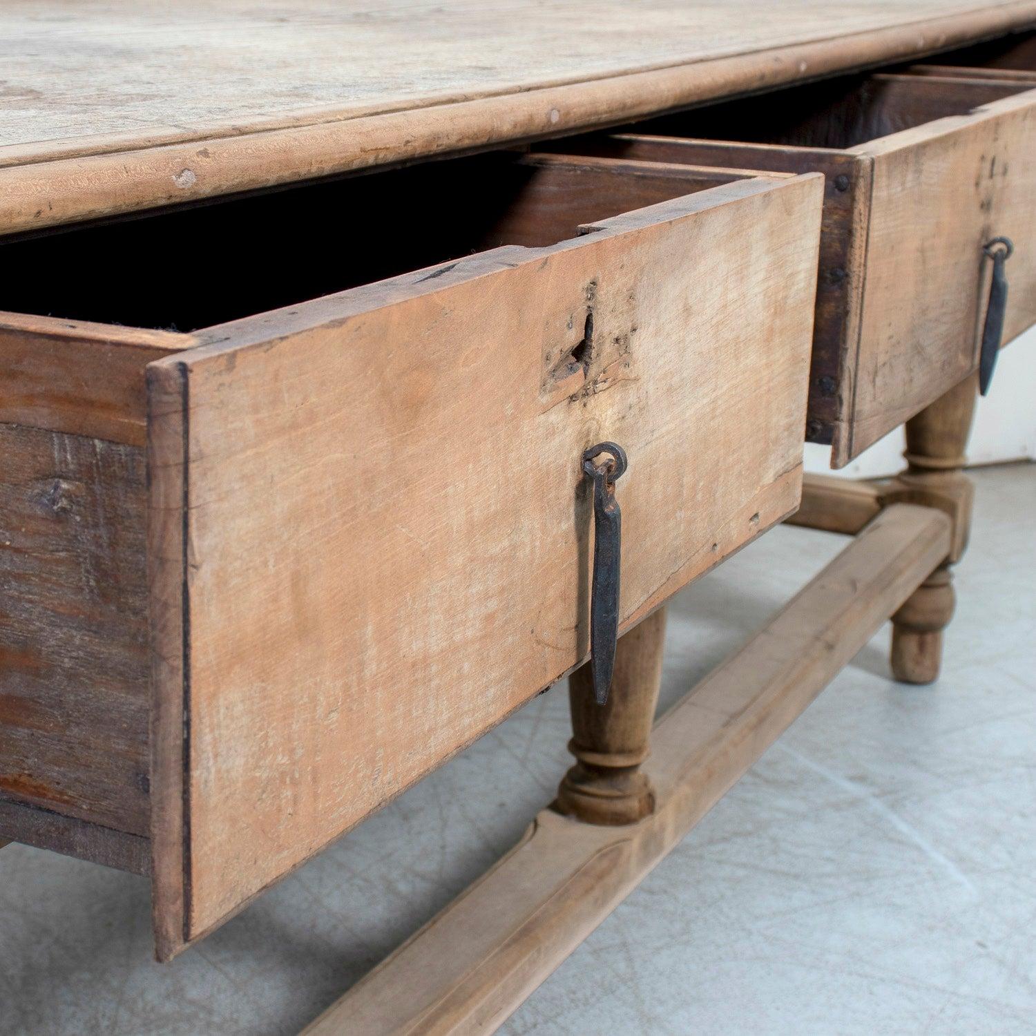Large 19th Century Bleached Oak Spanish Island or Work Table with Three Drawers 10