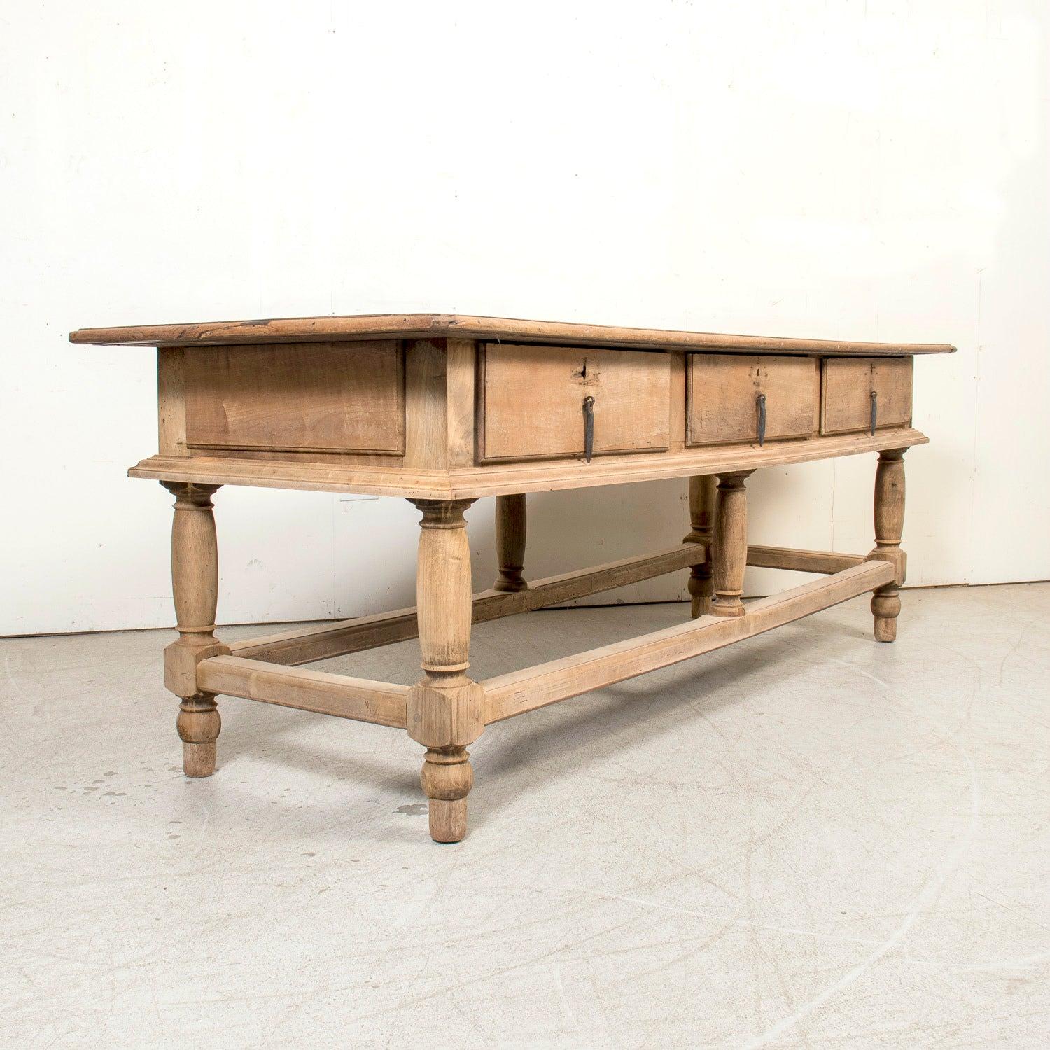 Iron Large 19th Century Bleached Oak Spanish Island or Work Table with Three Drawers
