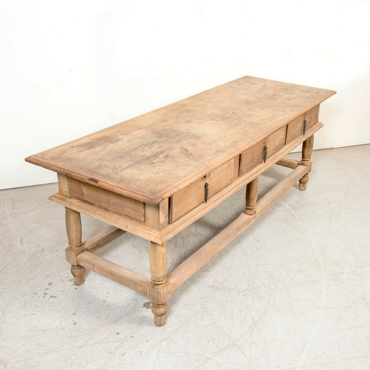 Large 19th Century Bleached Oak Spanish Island or Work Table with Three Drawers 1