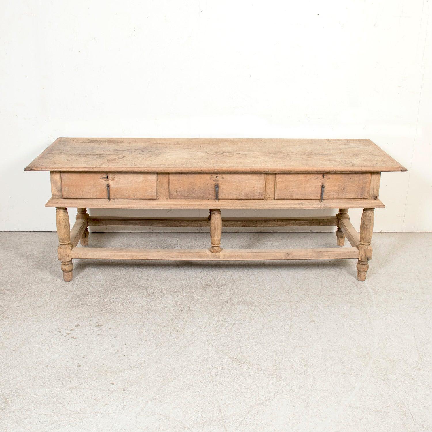 Large 19th Century Bleached Oak Spanish Island or Work Table with Three Drawers 2