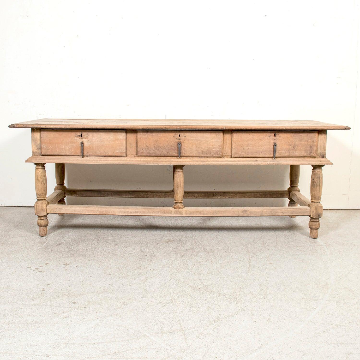 Large 19th Century Bleached Oak Spanish Island or Work Table with Three Drawers 3