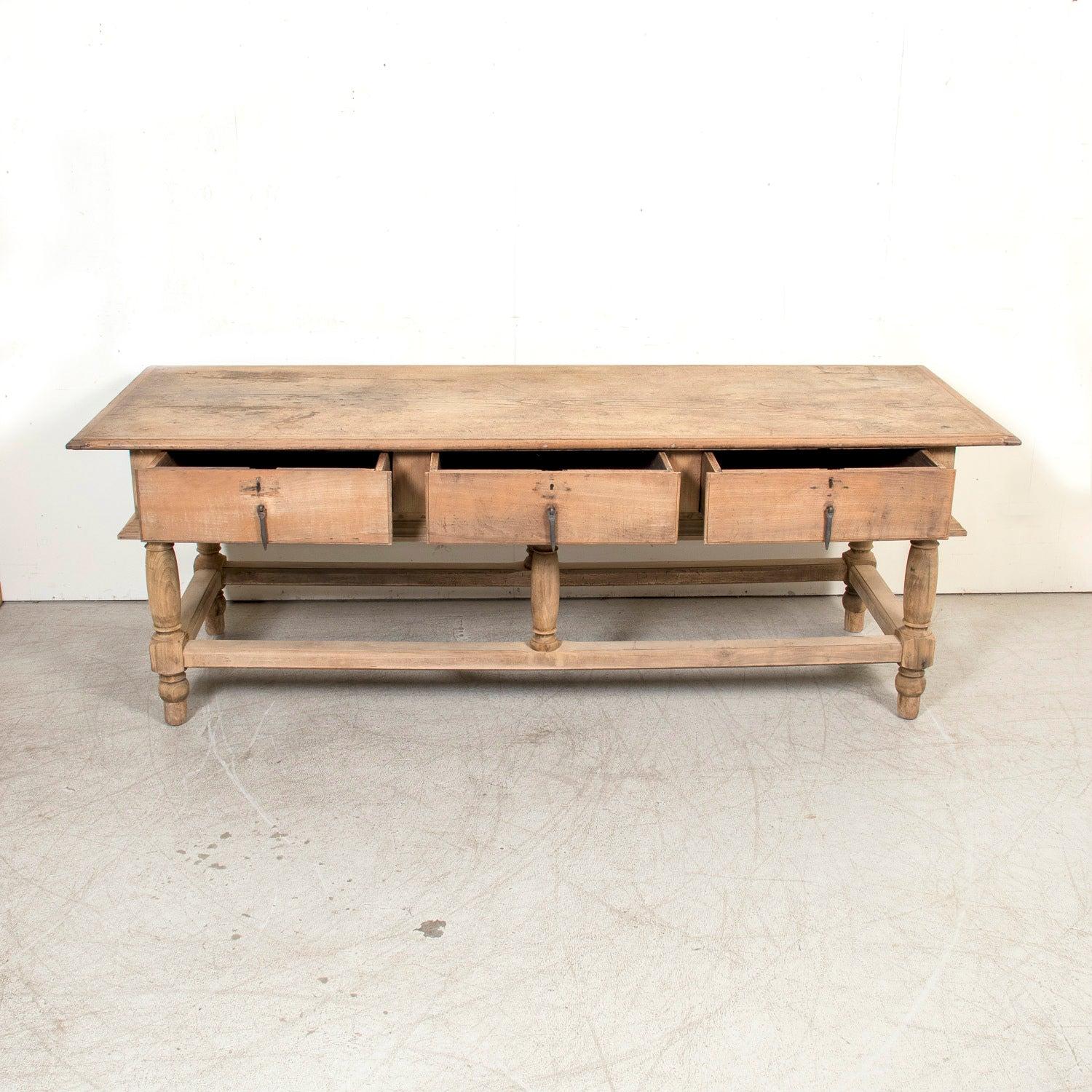 Large 19th Century Bleached Oak Spanish Island or Work Table with Three Drawers 5