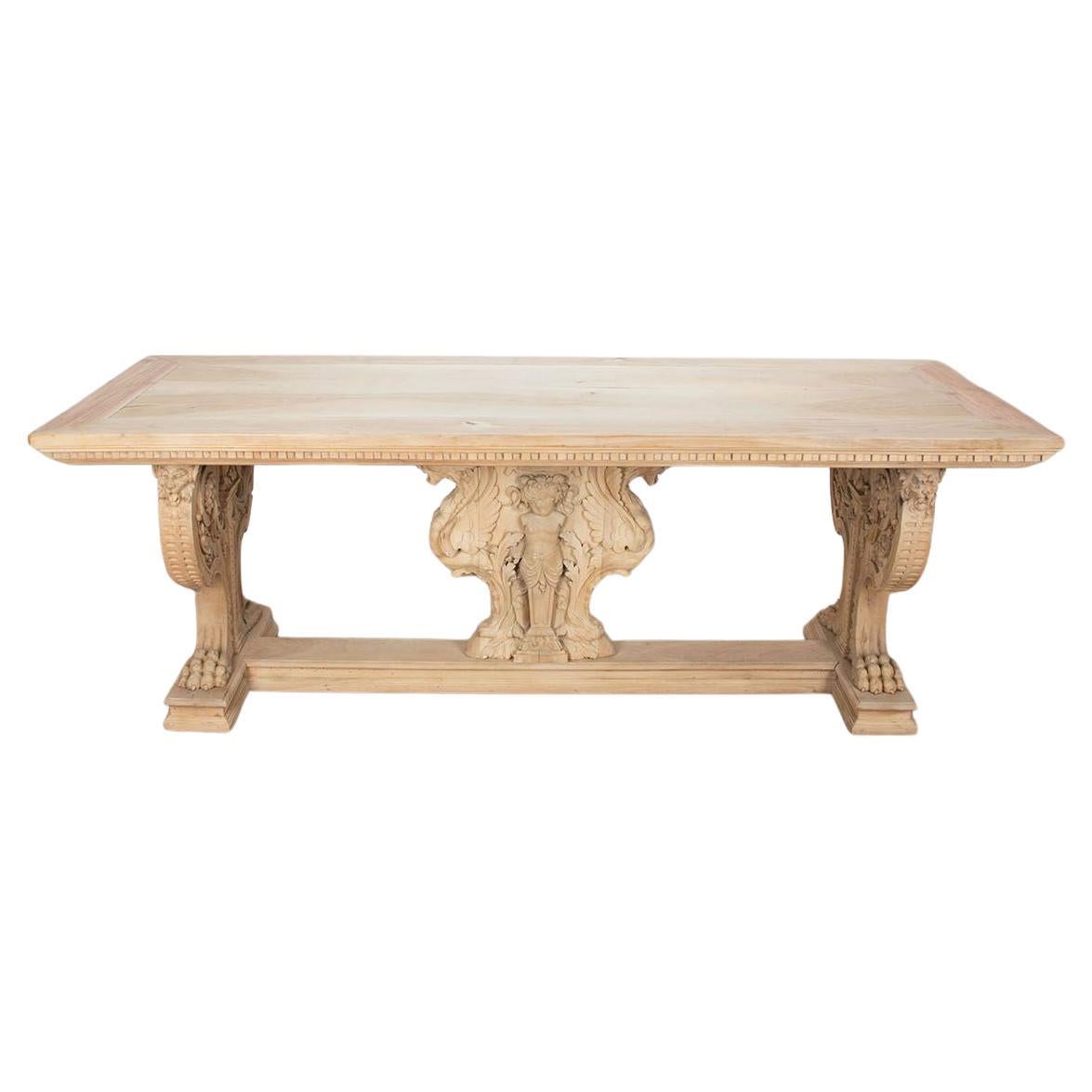 Grande table de centre en noyer blanchi du XIXe siècle