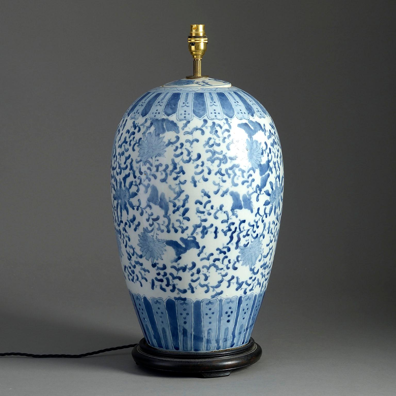 Chinese Export Large 19th Century Blue and White Glazed Porcelain Jar Lamp