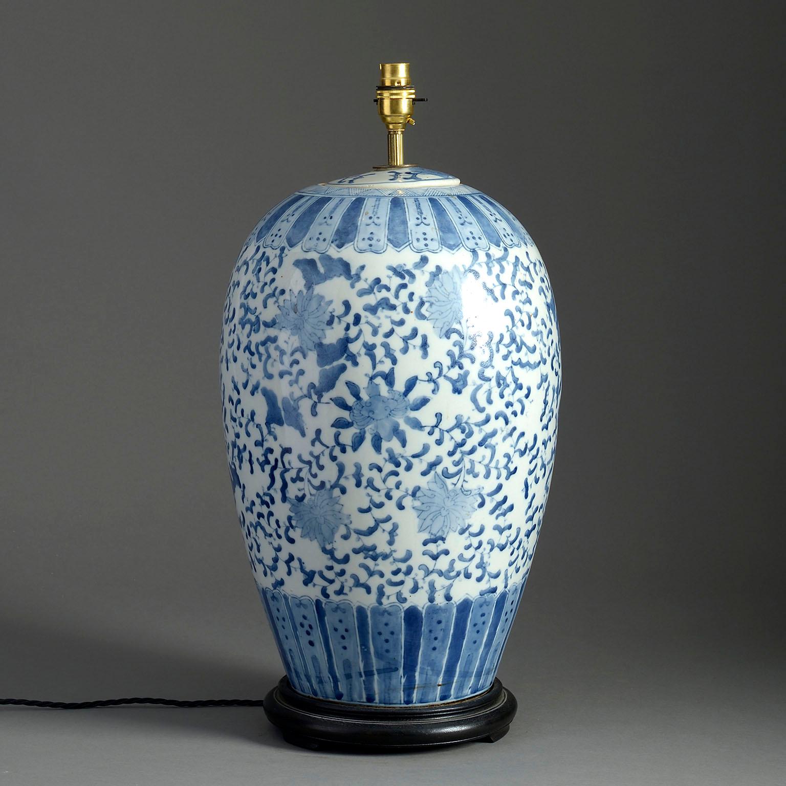 Chinese Large 19th Century Blue and White Glazed Porcelain Jar Lamp