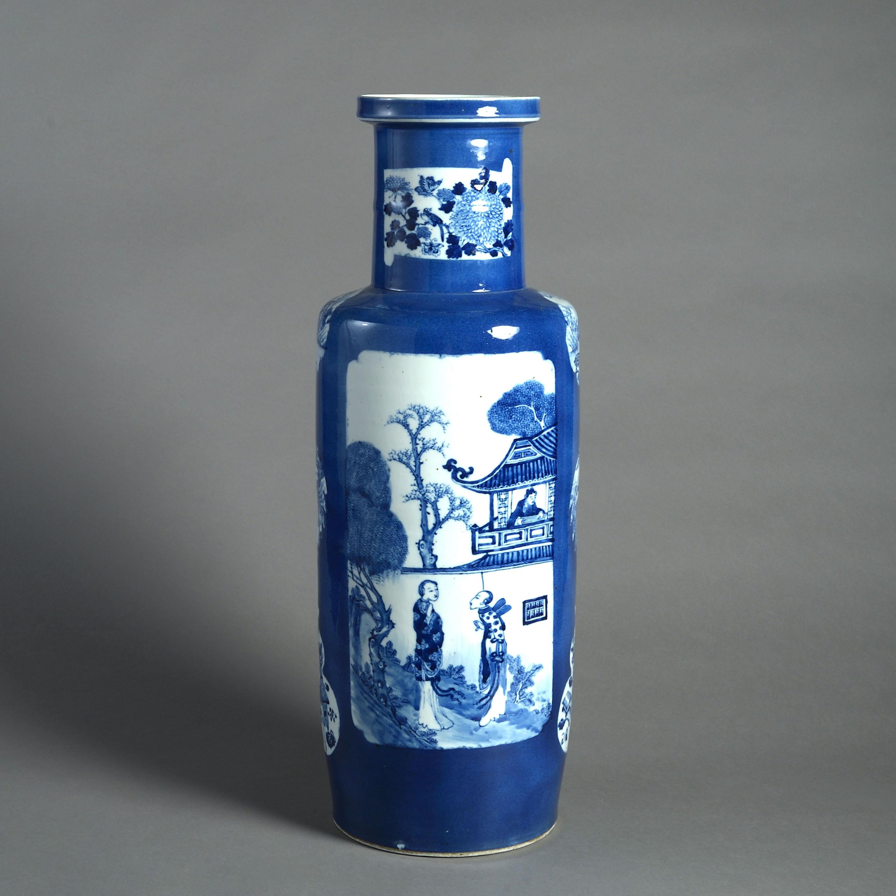 Chinese Large 19th Century Blue and White Porcelain Rouleau Vase