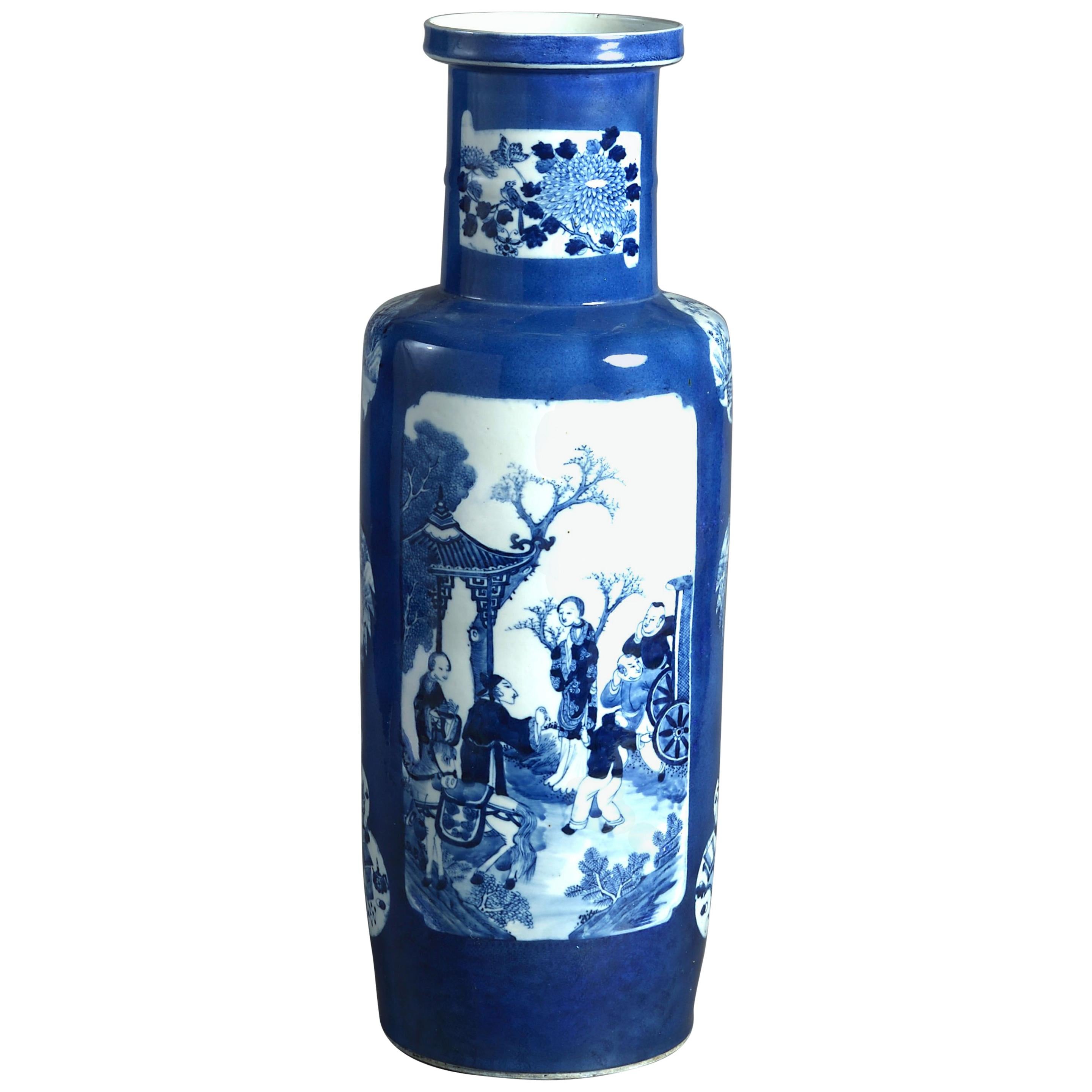 Large 19th Century Blue and White Porcelain Rouleau Vase