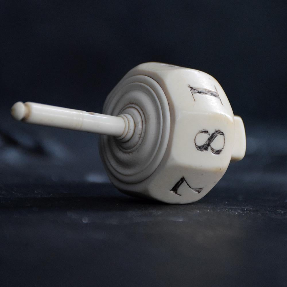 Victorian Large 19th Century Bovine 8-Sided Spinning Top Dice, Teetotum