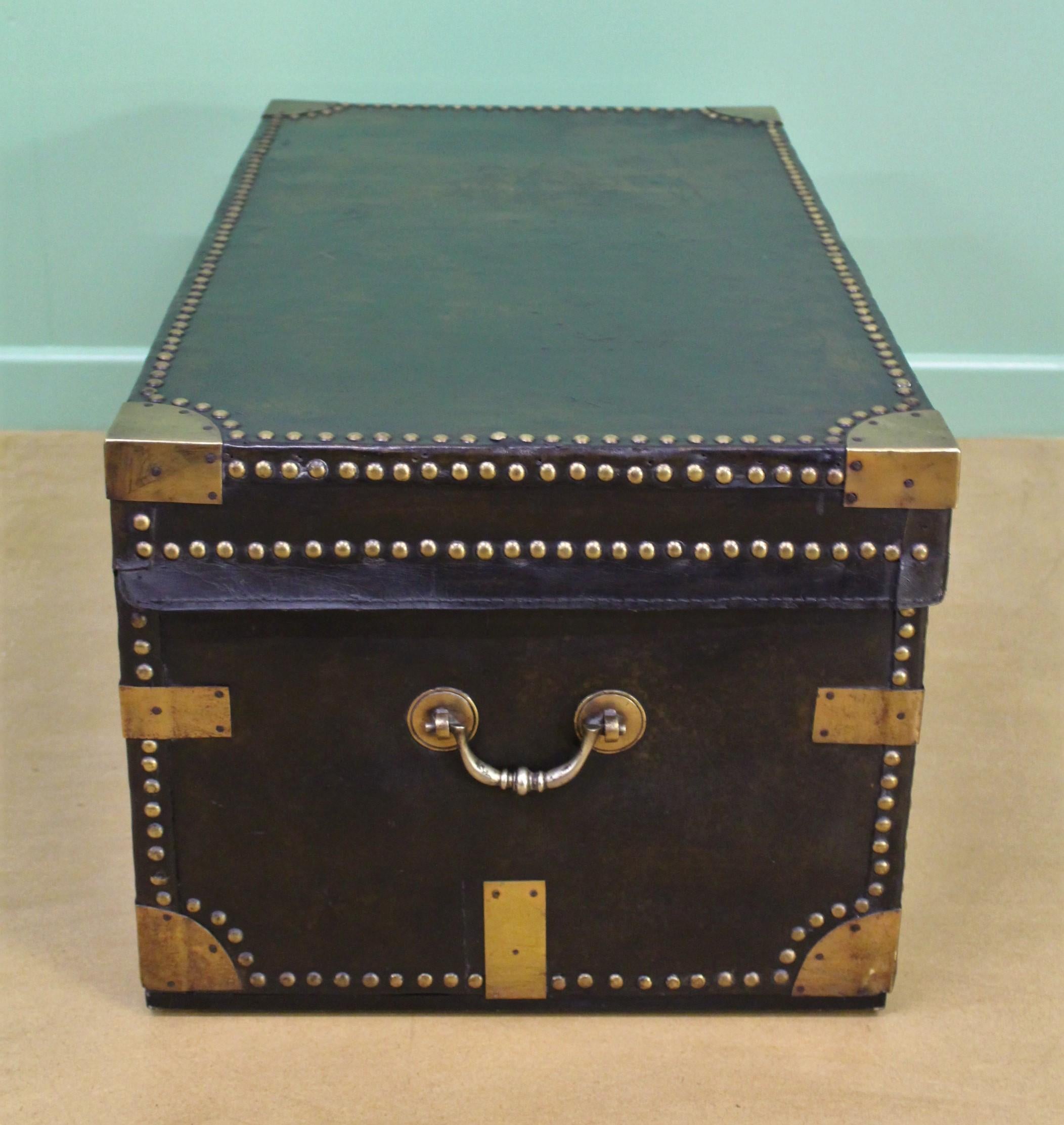 Large 19th Century Brass Bound Leather Trunk 1