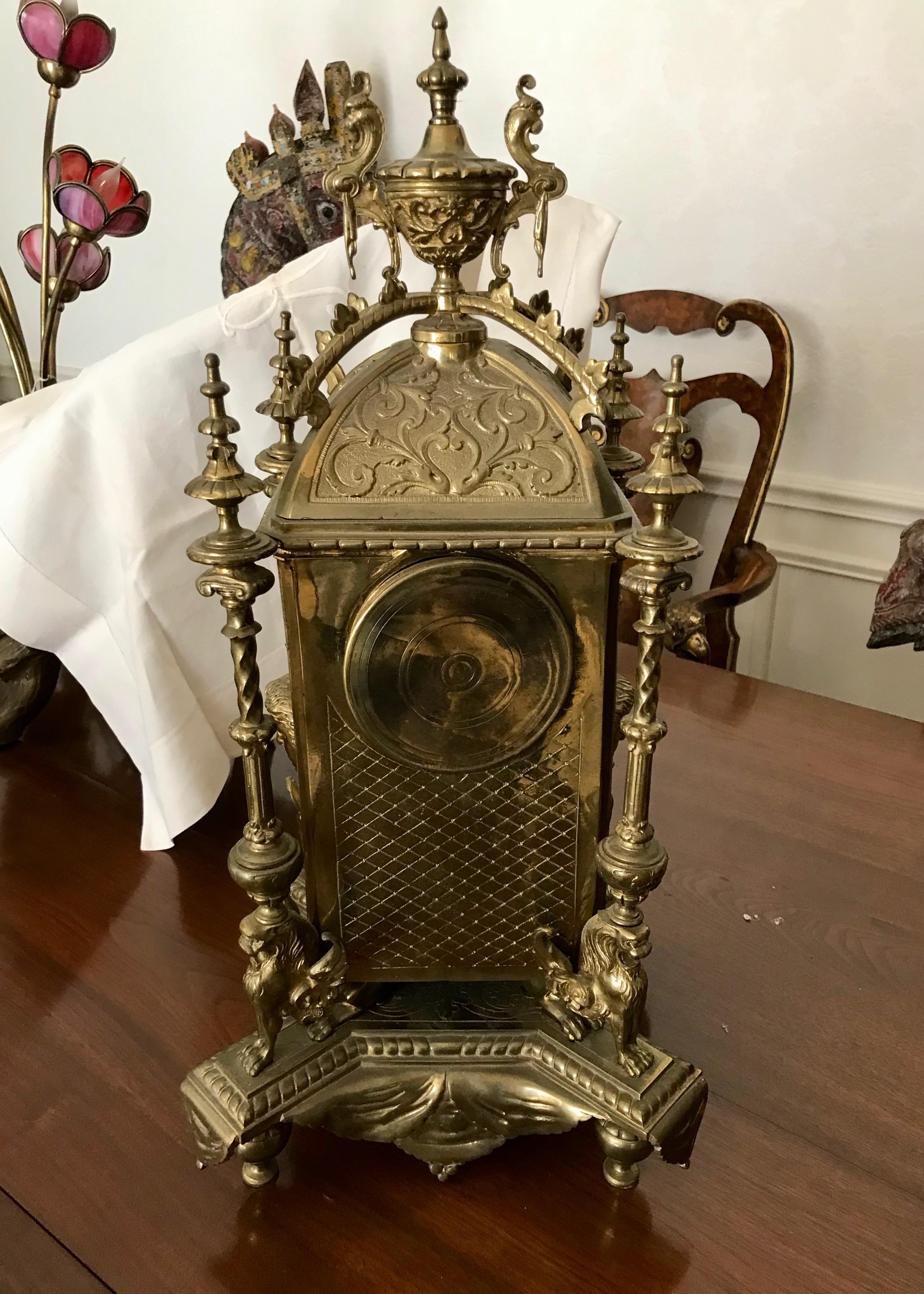 Large 19TH Century Brass Clock In Good Condition For Sale In West Palm Beach, FL