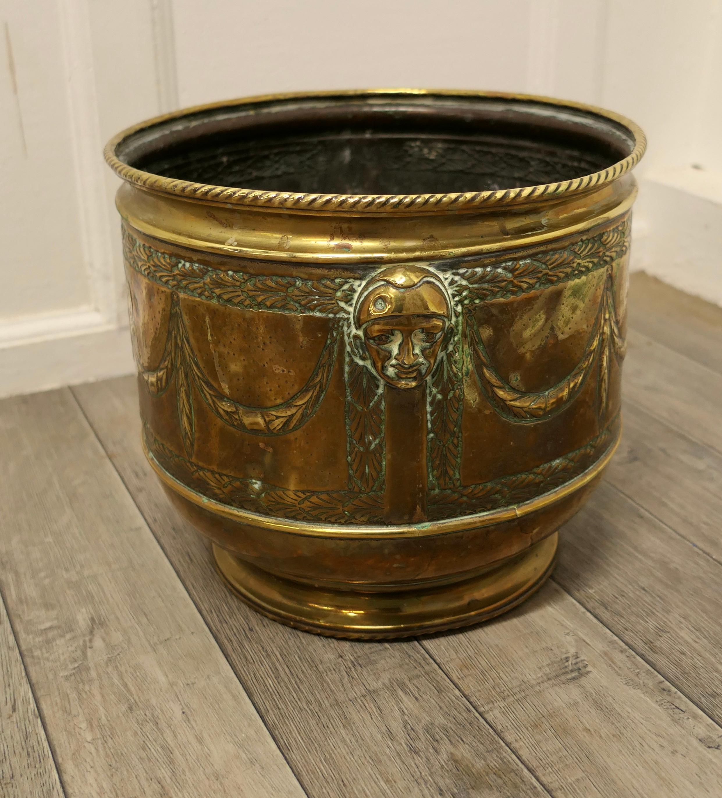 Napoleon III Large 19th Century Brass Jardinière with Faces For Sale