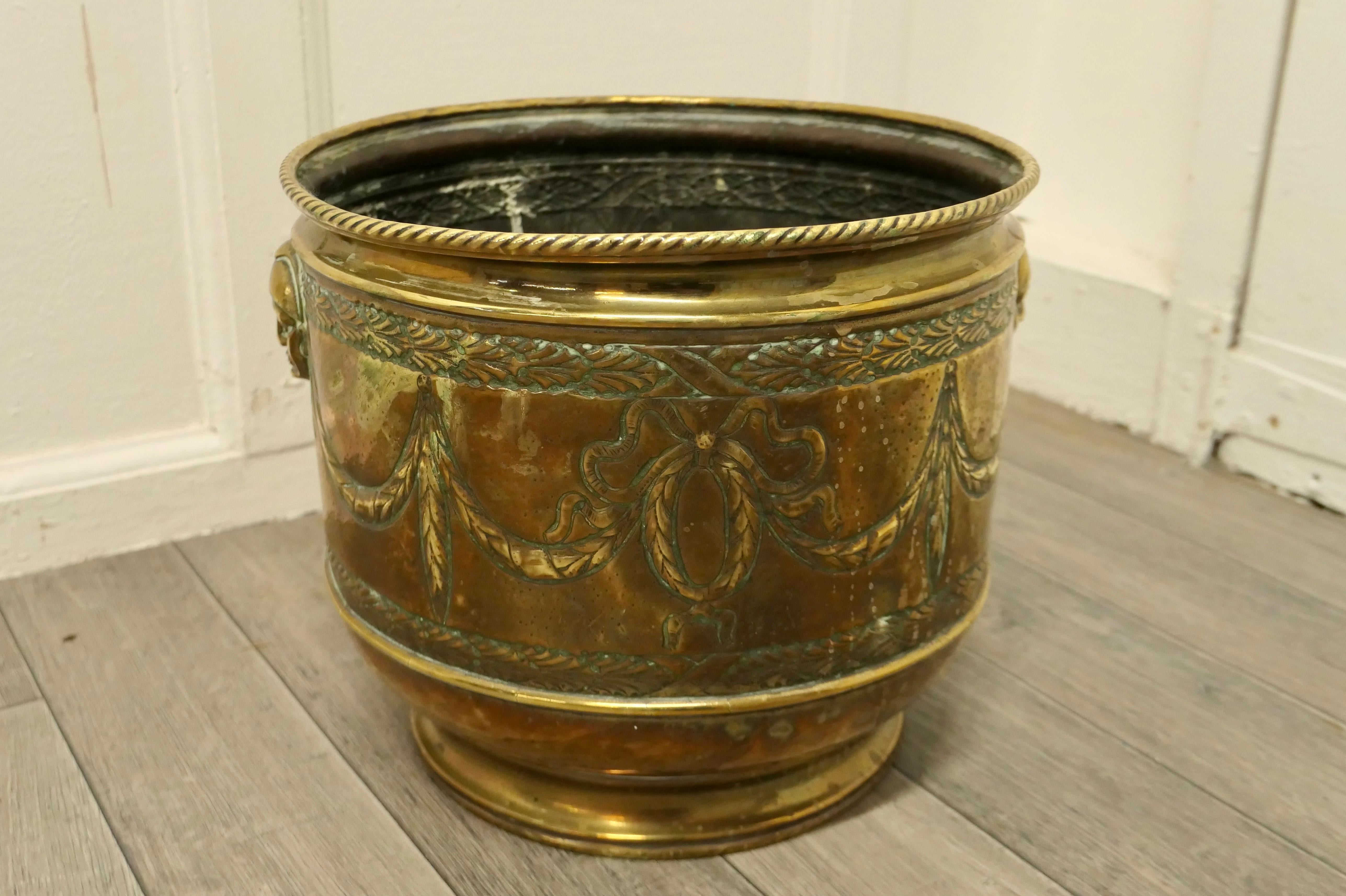 Large 19th Century Brass Jardinière with Faces For Sale 1