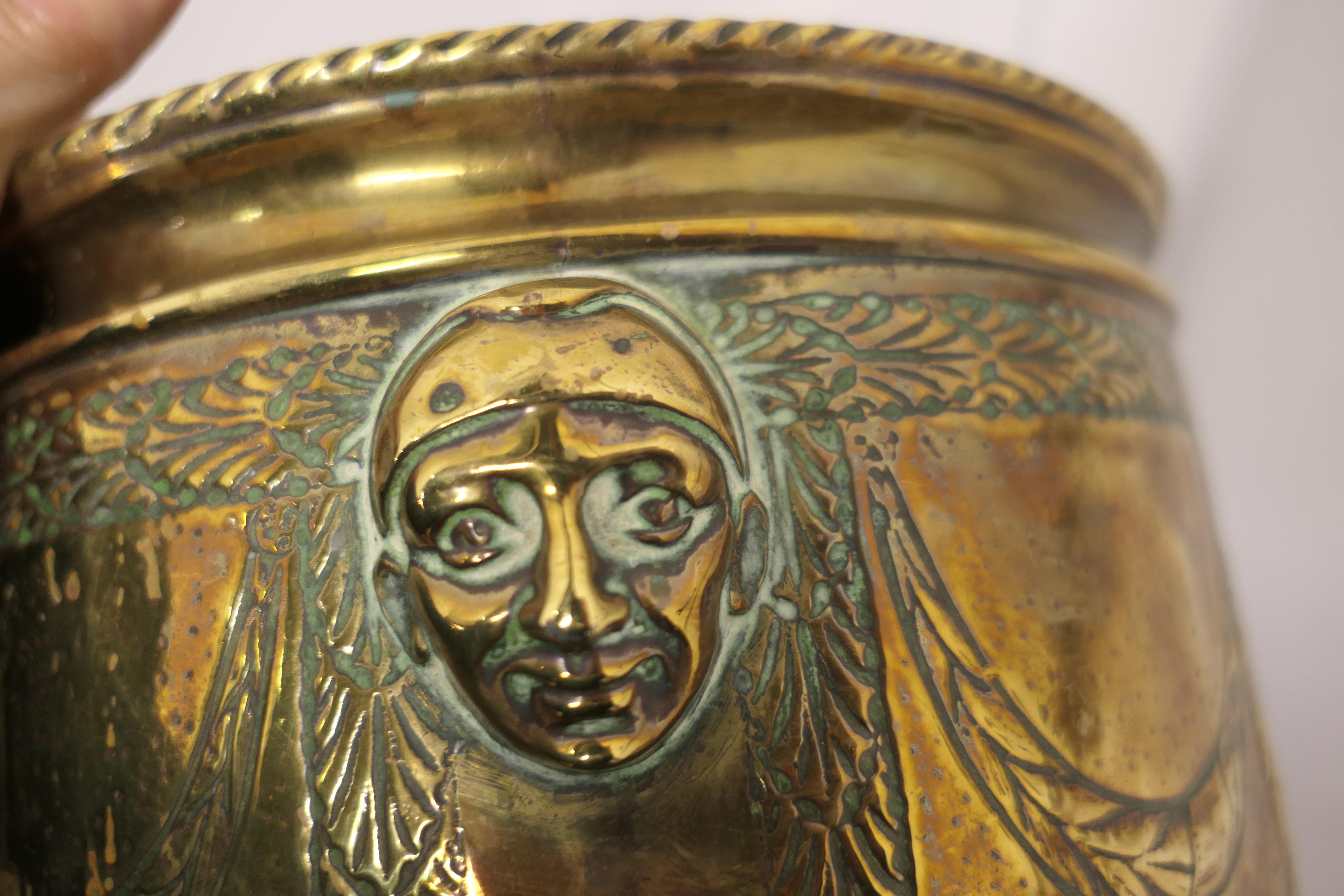 Large 19th Century Brass Jardinière with Faces For Sale 4
