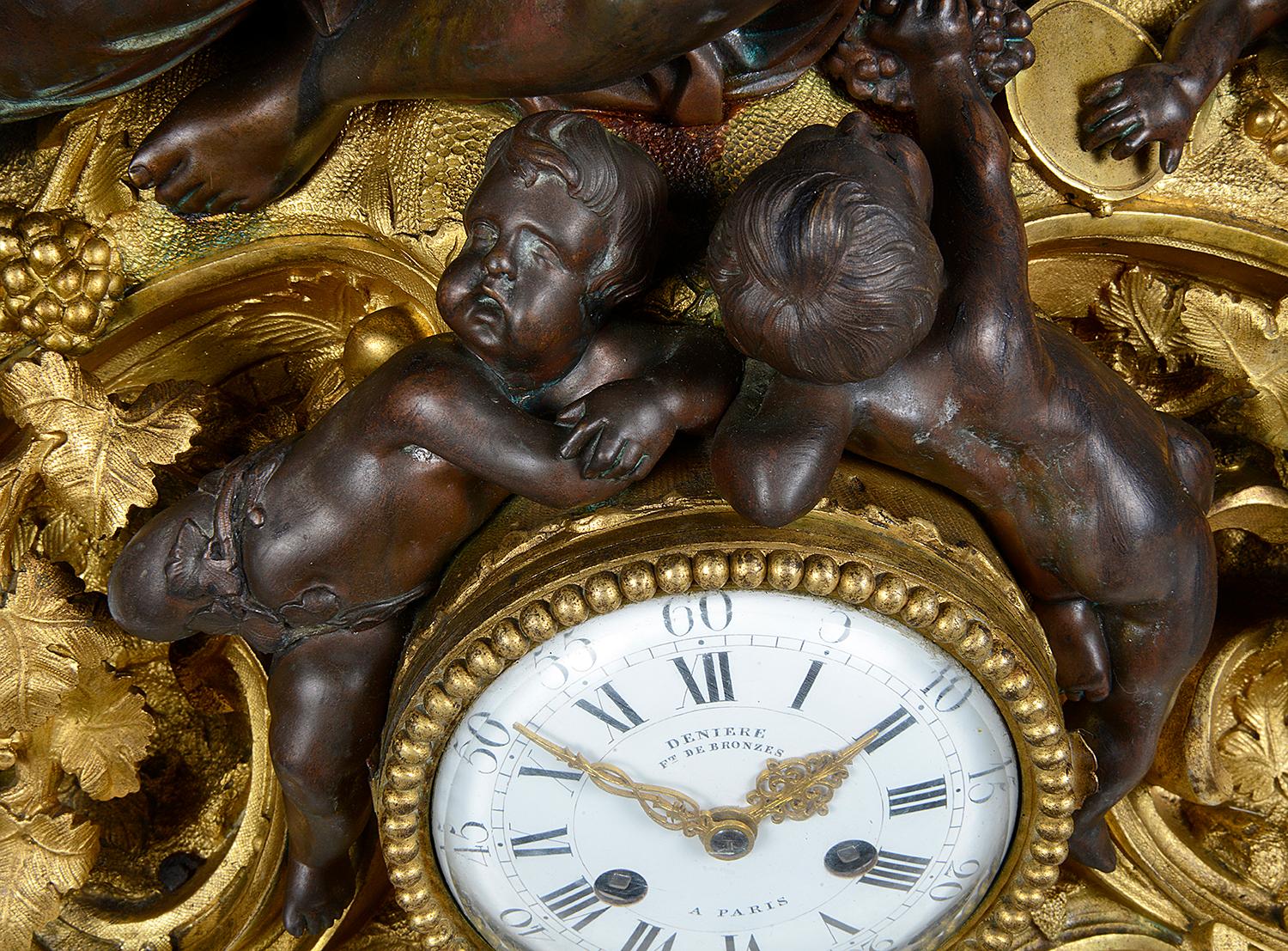 Large 19th Century Bronze Bachuss Clock Set, by Deniere For Sale 2