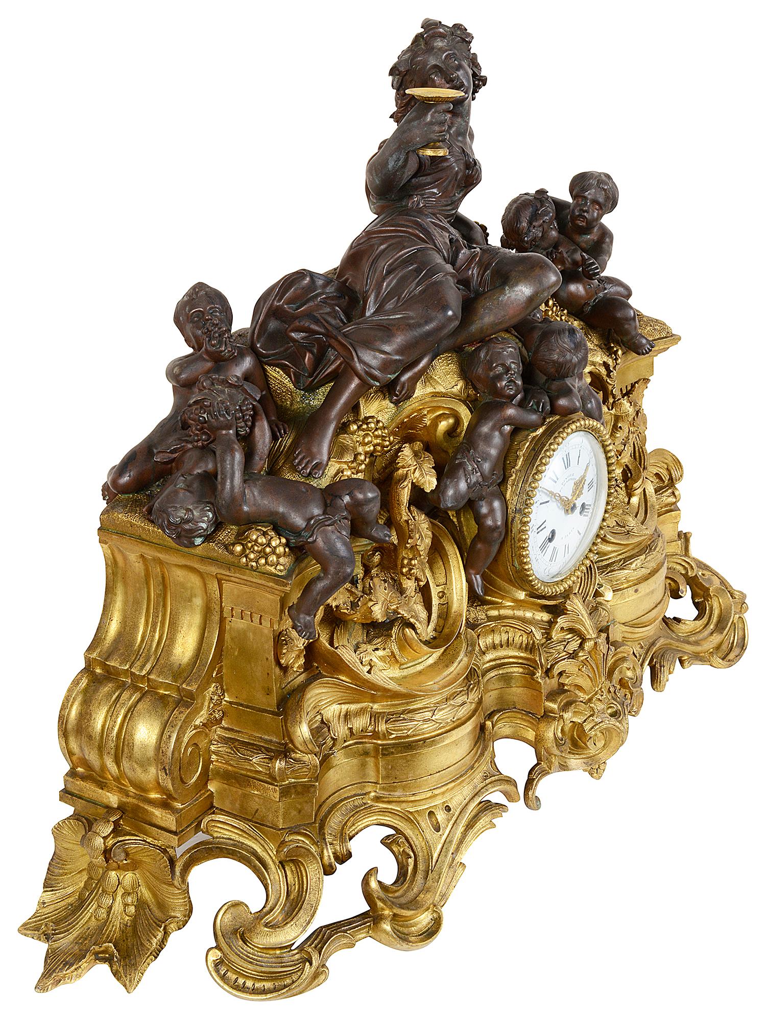 Large 19th Century Bronze Bachuss Clock Set, by Deniere For Sale 3