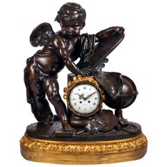 Grande horloge de cheminée chérubin du 19ème siècle en bronze