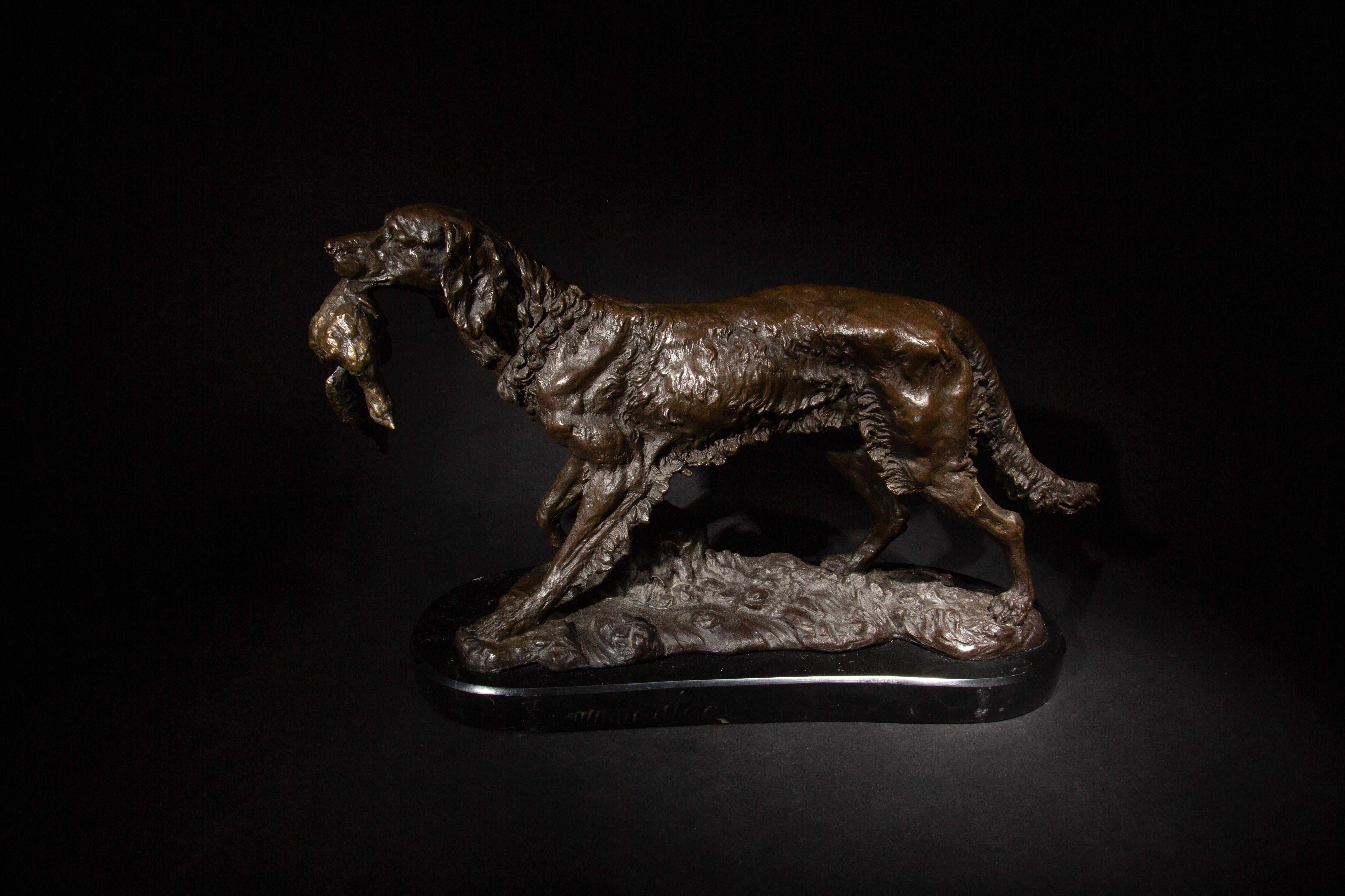 Crafted by the skilled hands of Louis-Albert Carvin, a renowned French artist celebrated for his bronze animalier sculptures, this striking 19th-century masterpiece captures the essence of a hunting dog with a pheasant. Measuring 7 inches high, 17