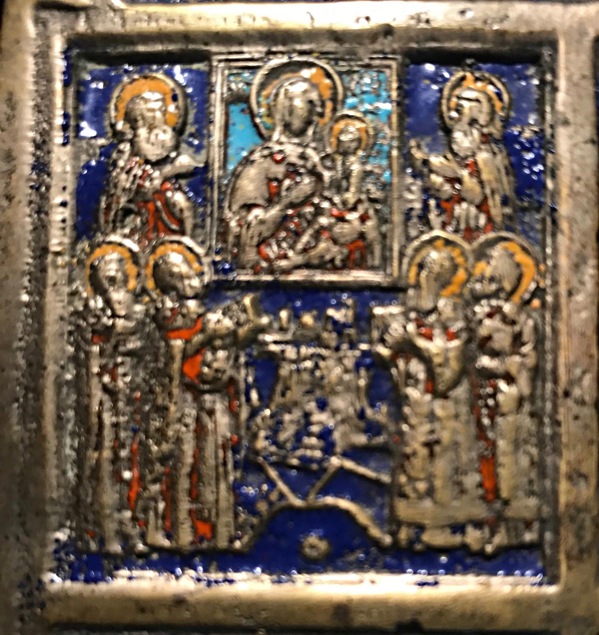 Gothic Large 19th Century Bronze Polychrome Enameled Russian Orthodox Travel Icon