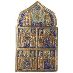 Large 19th Century Bronze Polychrome Enameled Russian Orthodox Travel Icon