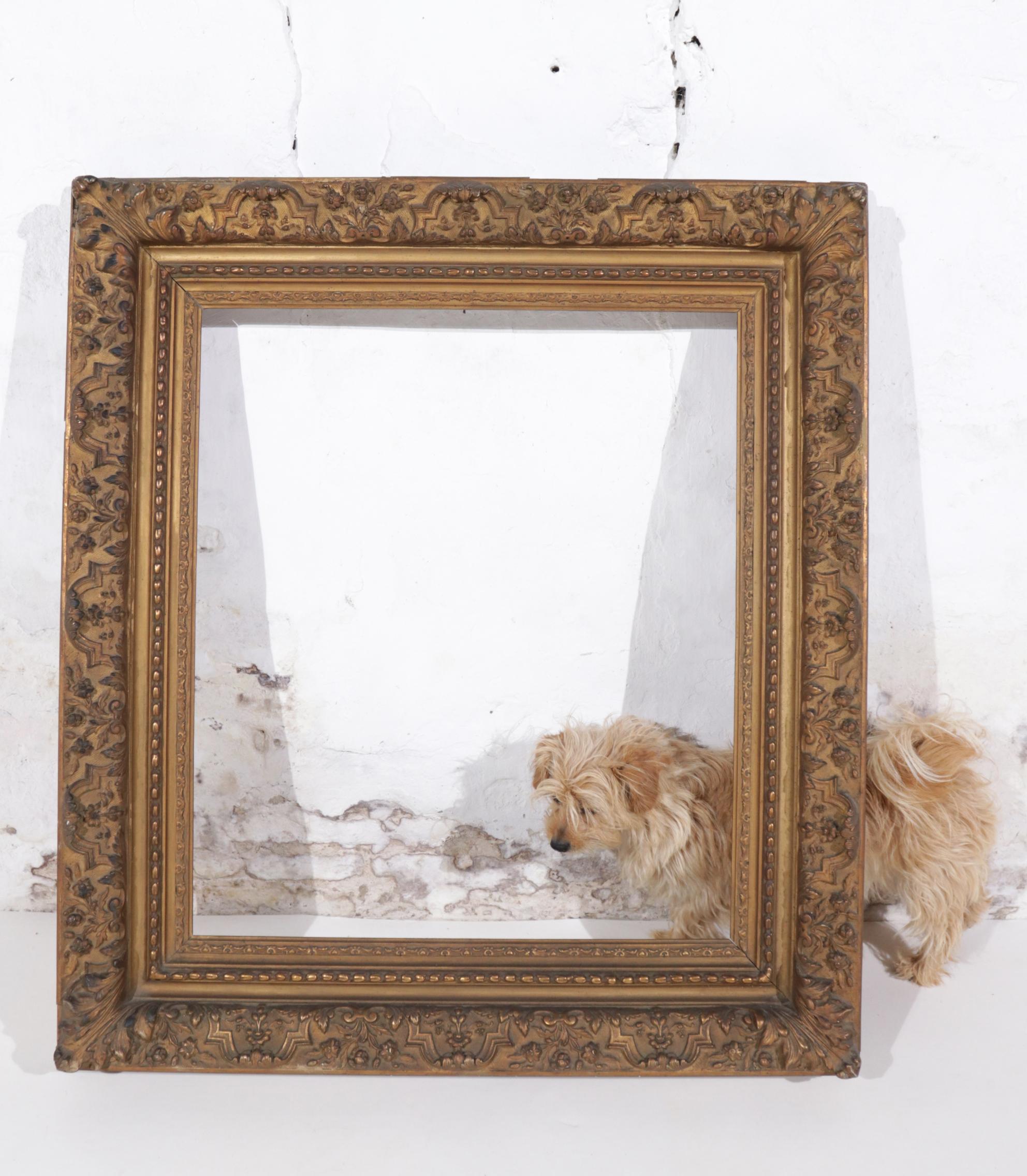 Large 19th Century Bronzed French Picture- or Art Presentation Frame.
Heavy and in a very nice condition with beautiful antique appearance'.
Perfect to frame art but also as a mirror frame.

Inside measurements 71 x 61 cm.